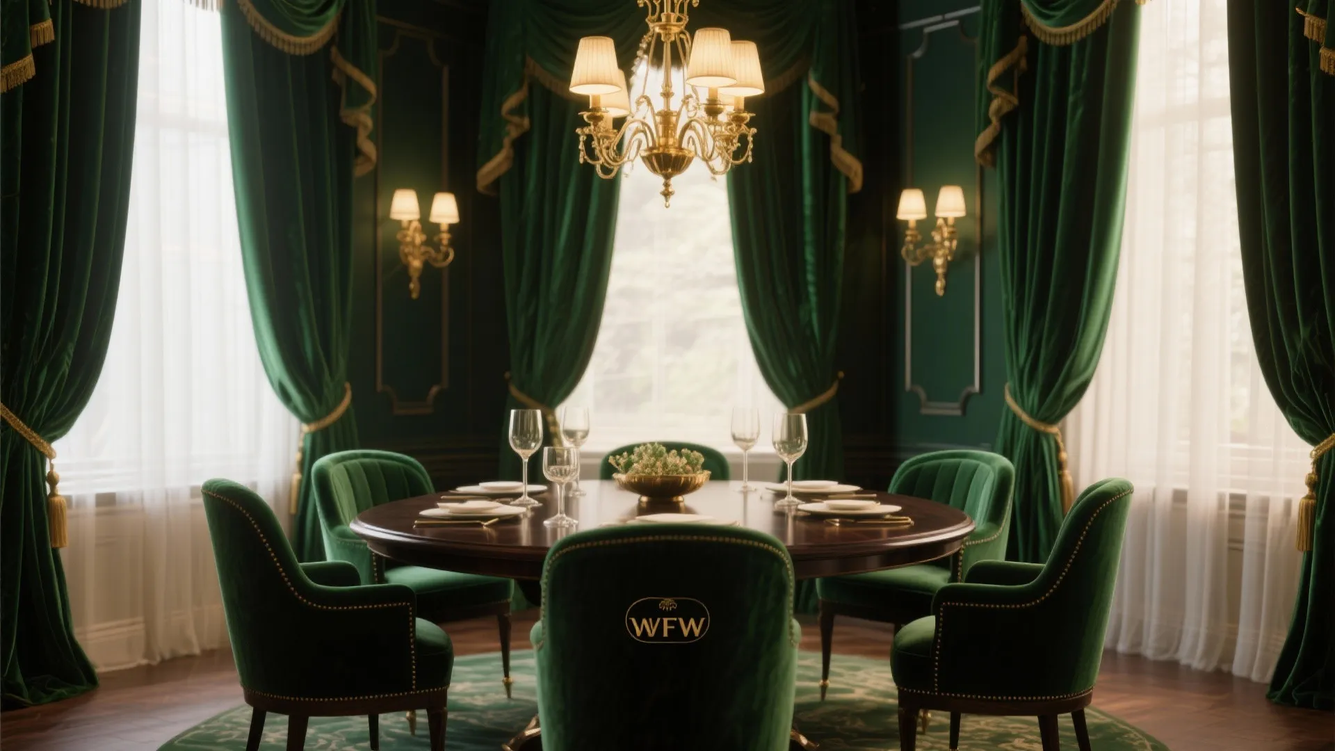 Emerald velvet curtains with brass accents in dining room