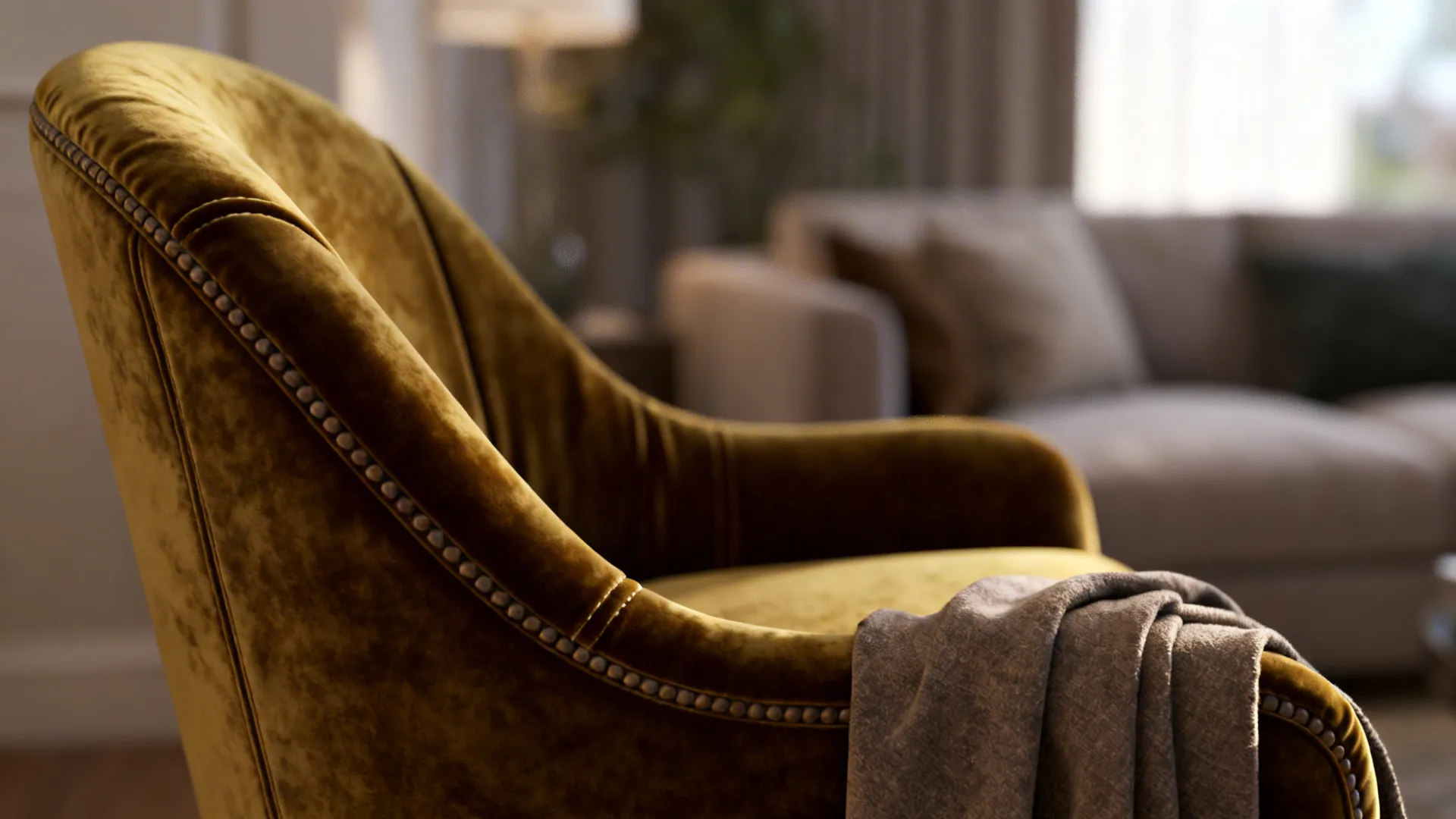 Close up of gold velvet chair with grey blanket and sofa in bright living room