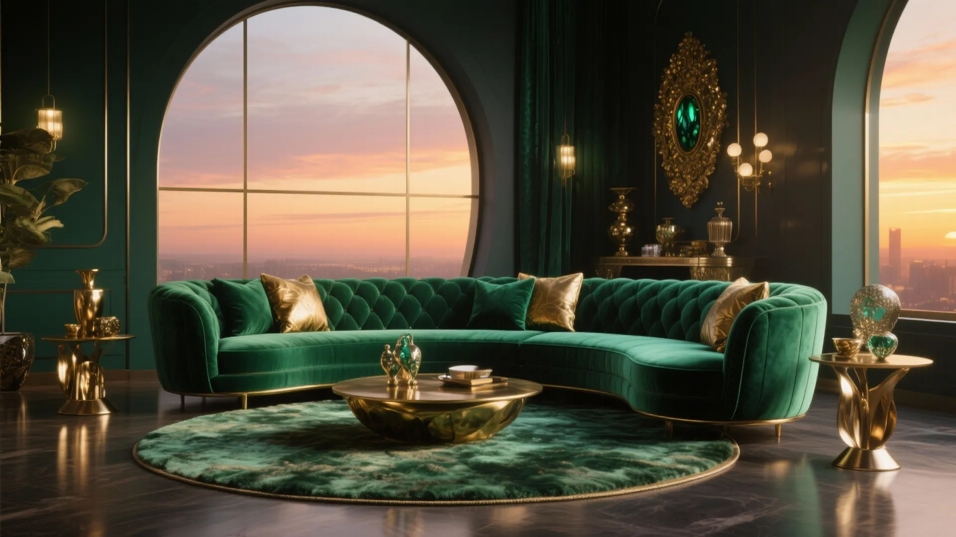Emerald green velvet curved sofa in luxury living room