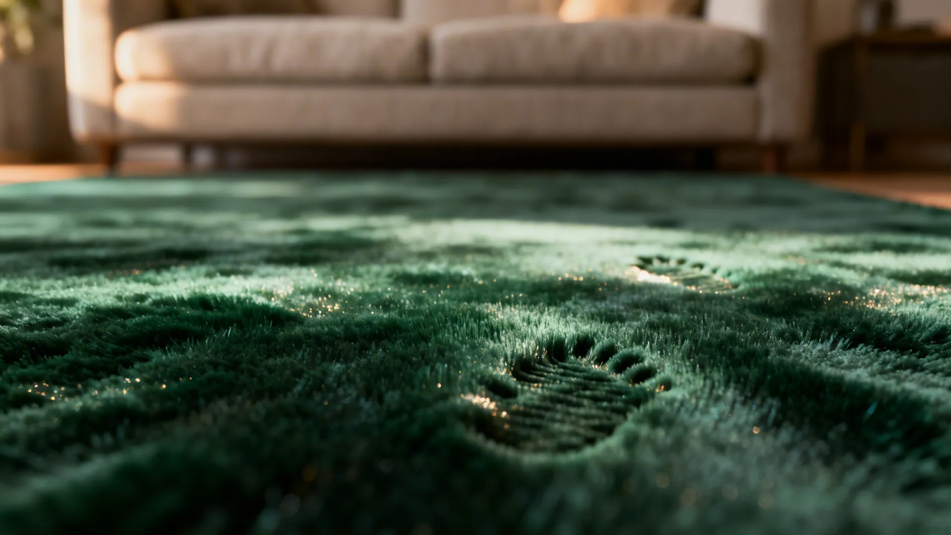 Macro view of velvet dark green rug pile showing sheen and directional texture.