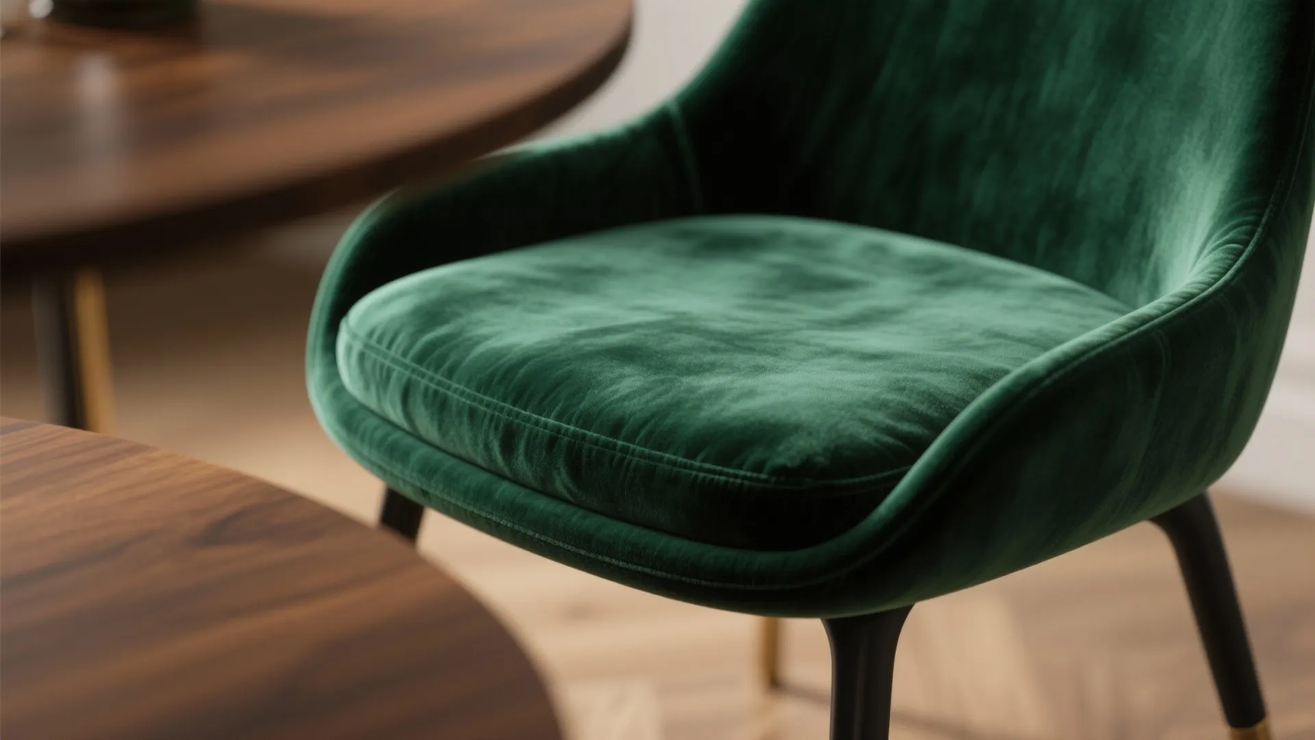 Close-up of deep forest green velvet chair fabric with warm wood background