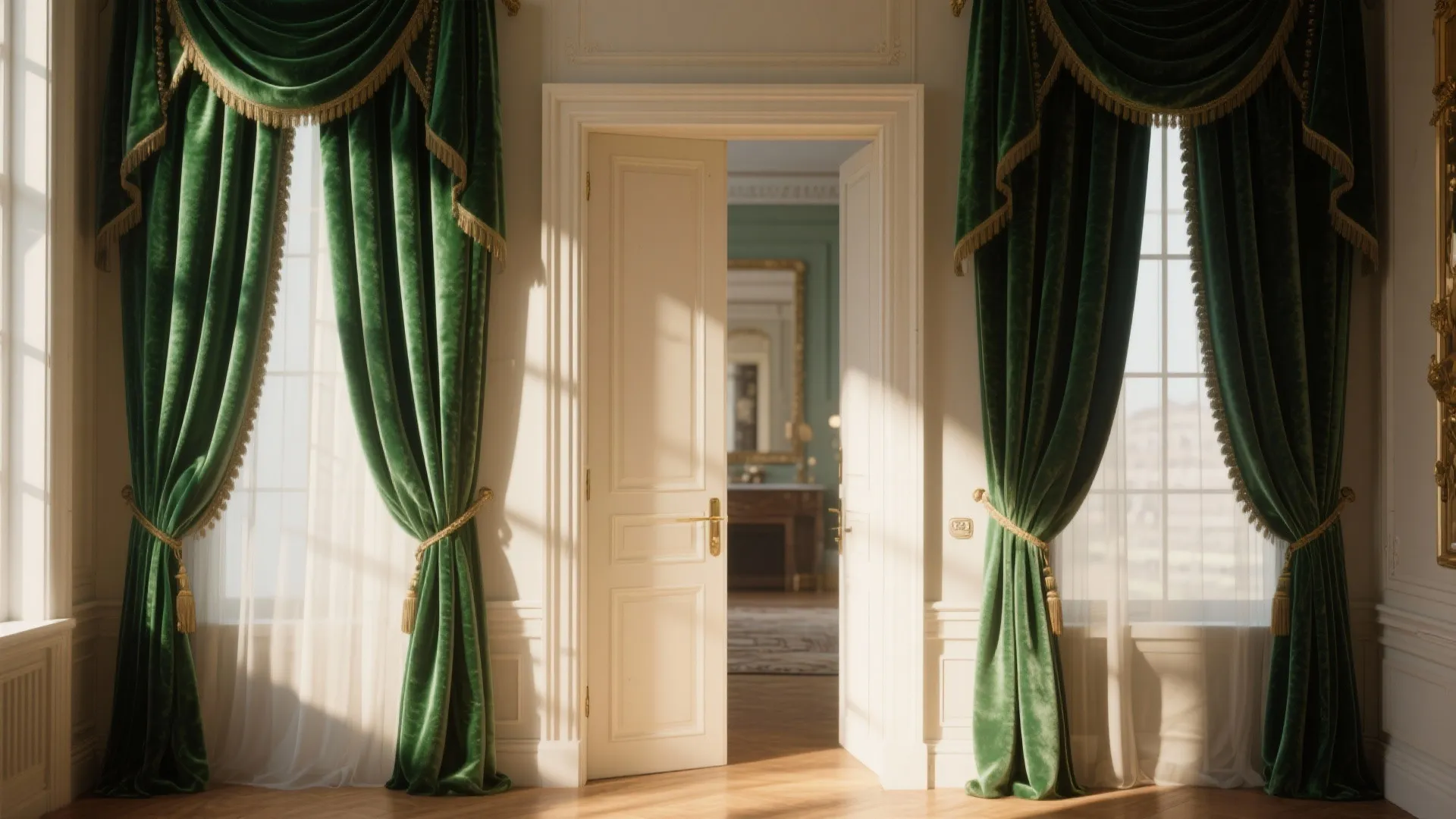 Emerald velvet curtains adding a luxurious feel to a doorway