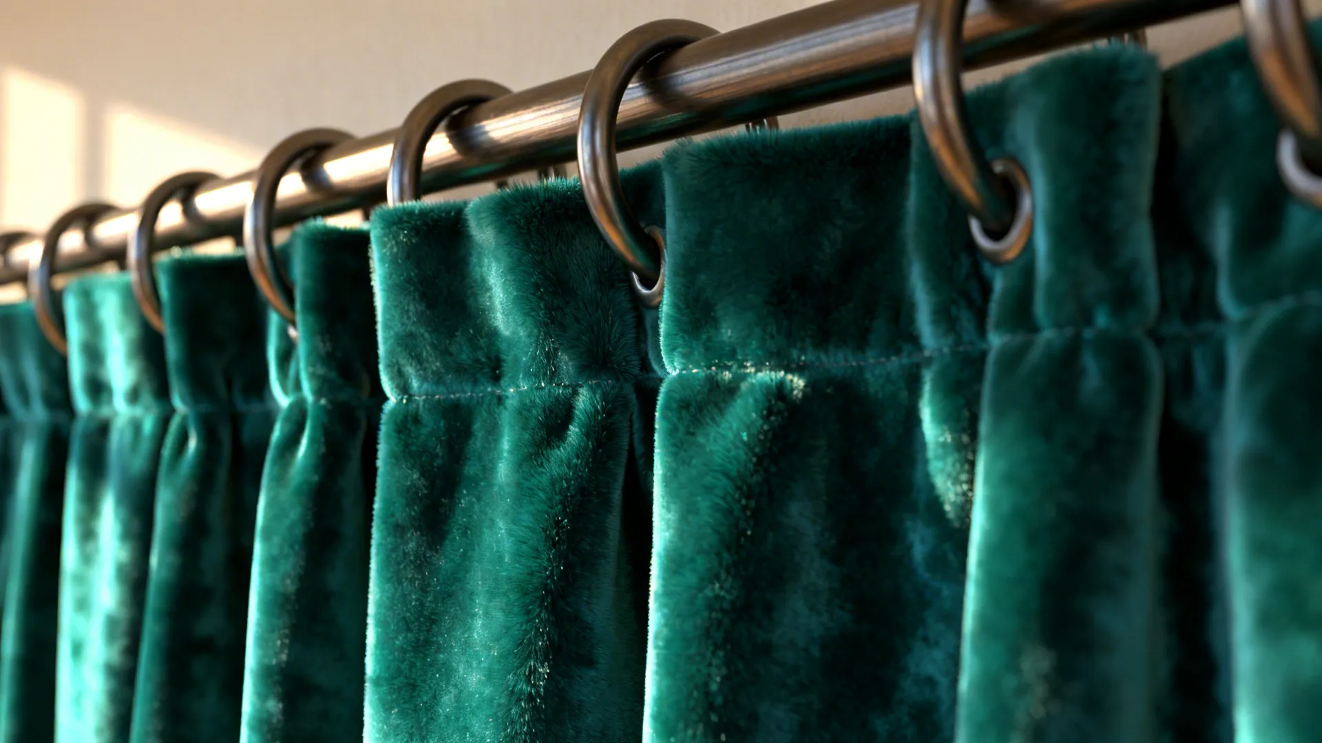 Close up of green velvet curtains hanging on a metal rod with rings and light