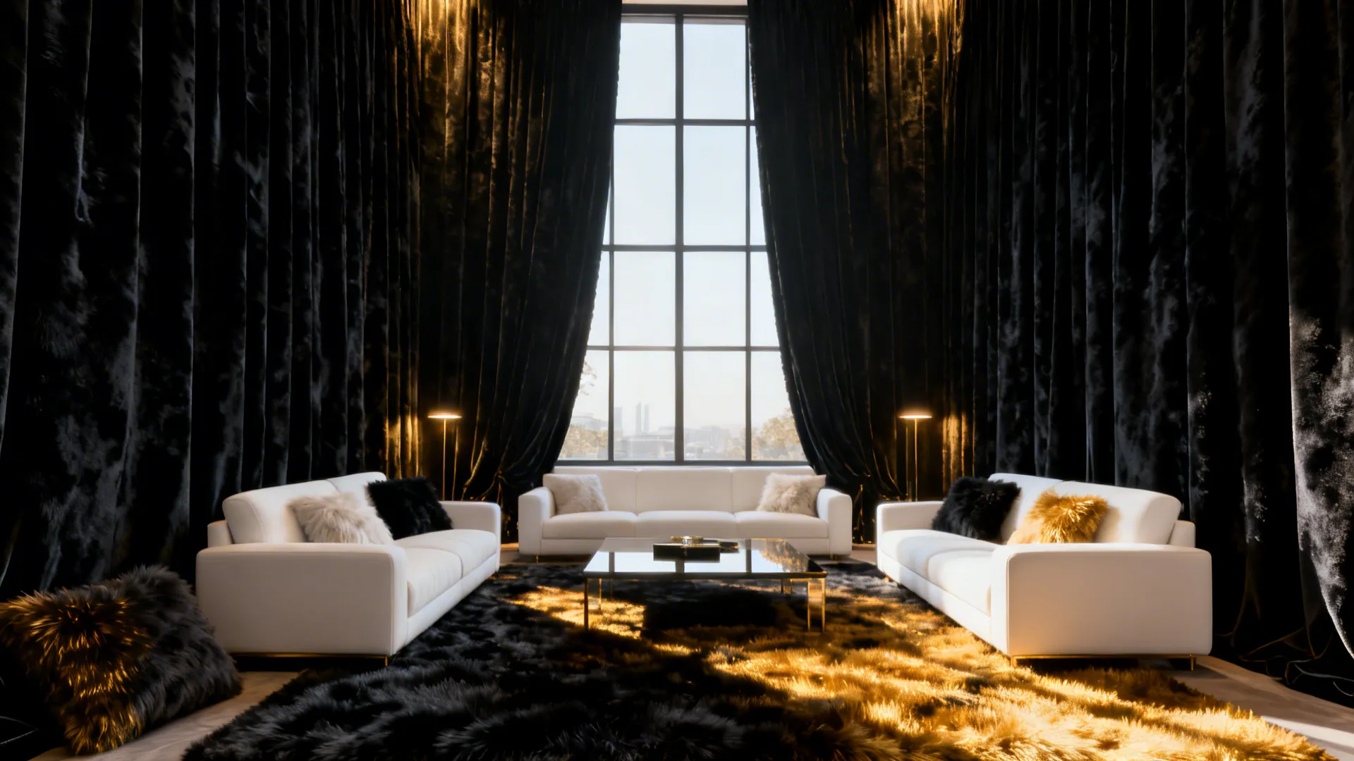 Luxurious living room with floor-to-ceiling matte black velvet curtains and white furnishings.