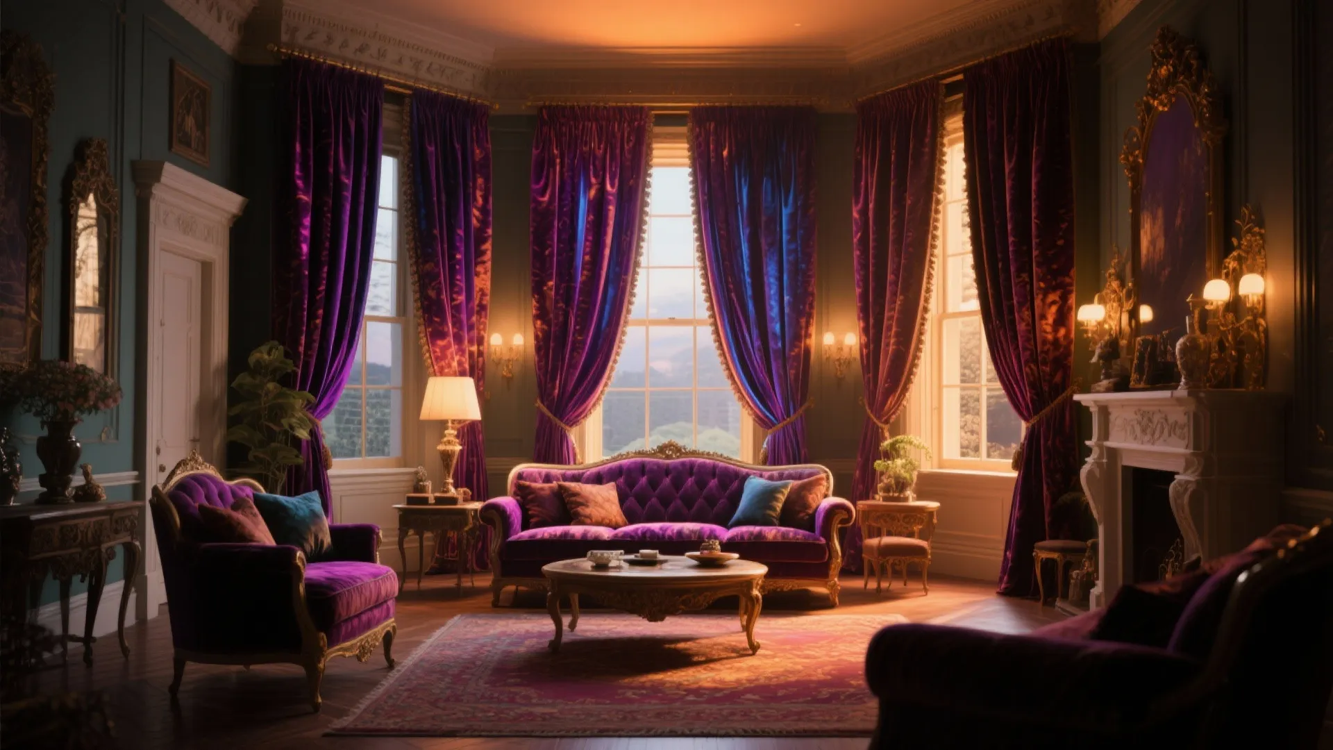 Luxurious living room with jewel-toned velvet drapes