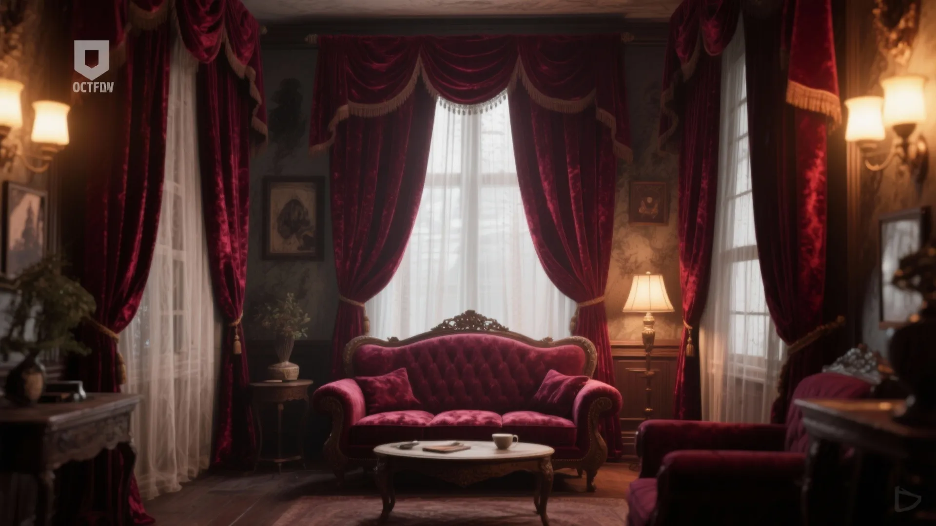 Vintage living room with red sofa dark red curtain warm wall light and small coffee table