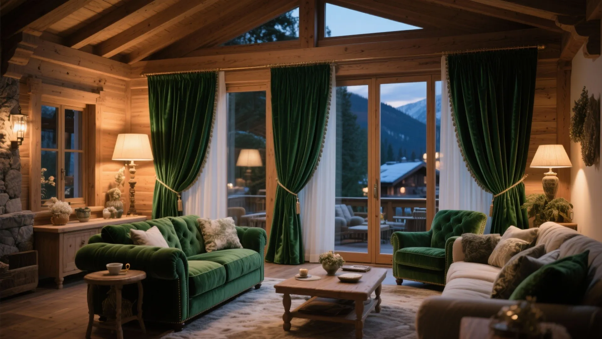 Cozy wooden room with green sofa, matching green curtains, warm lamps, and large glass windows