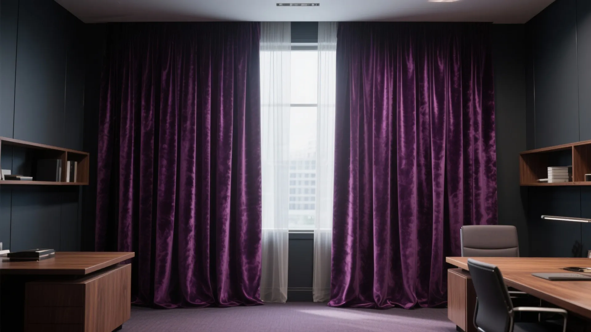 Deep plum velvet curtains in moody home office