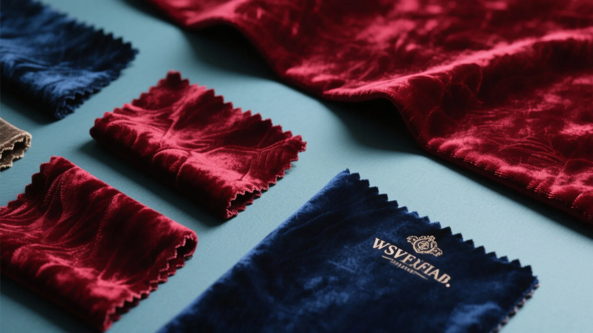 Red and blue velvet fabric samples for curtains or sofa covers displayed on blue background