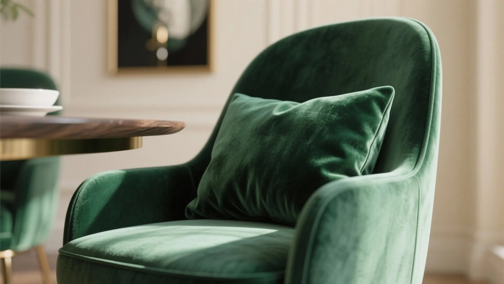 Macro detail of emerald velvet dining chair fabric and removable cushion cover.