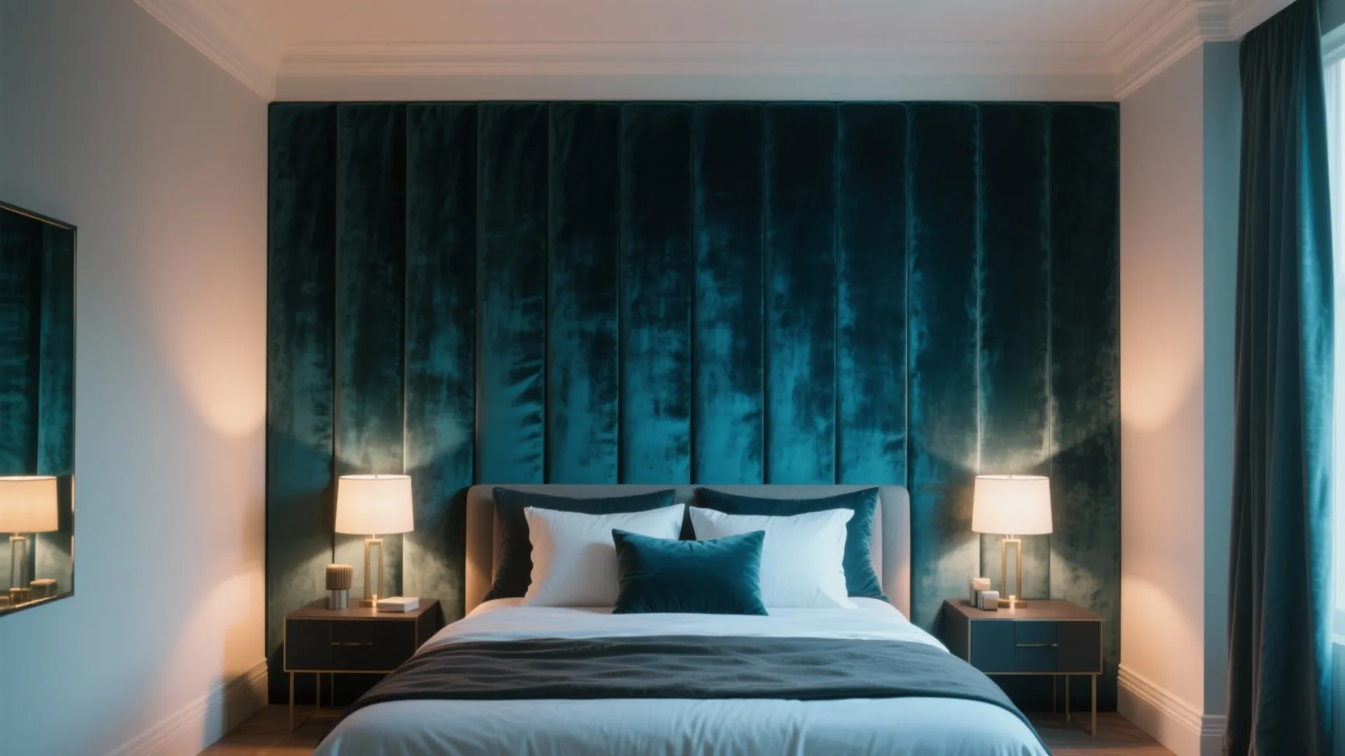 Bedroom with velvet headboard wall creating dramatic focus