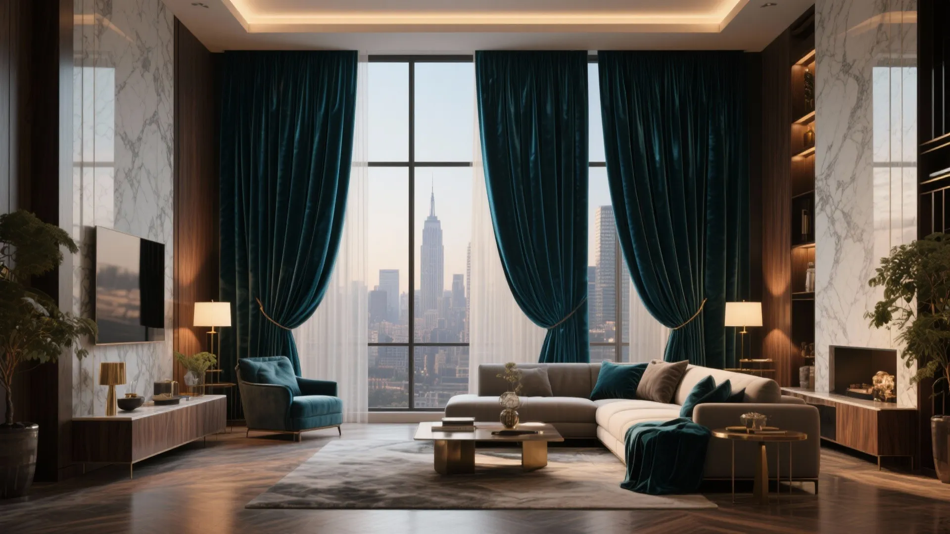 Luxurious living room featuring teal velvet curtains with large windows overlooking a city skyline view