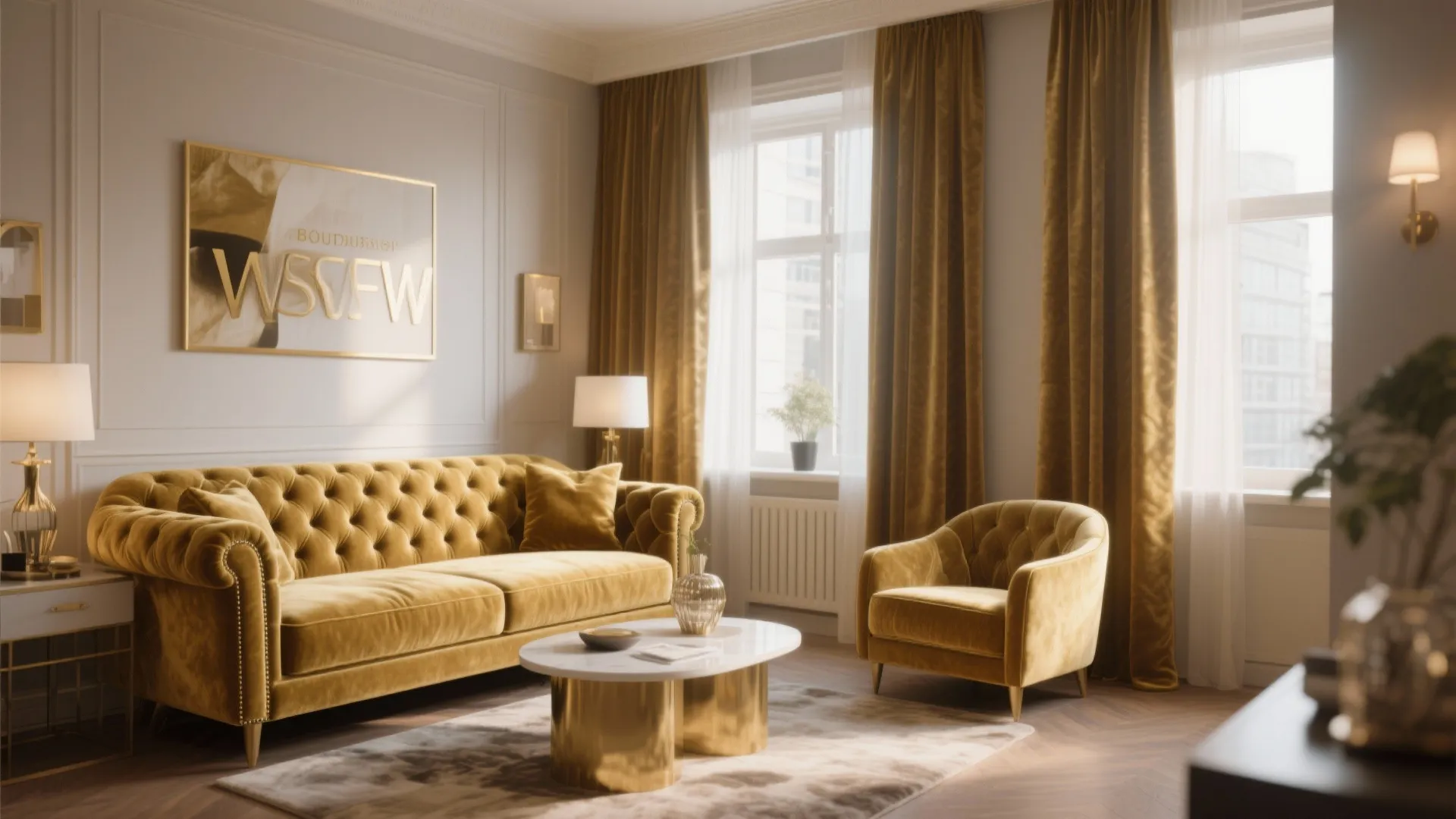 Elegant living room with gold velvet sofa matching armchair marble coffee table and yellow curtains