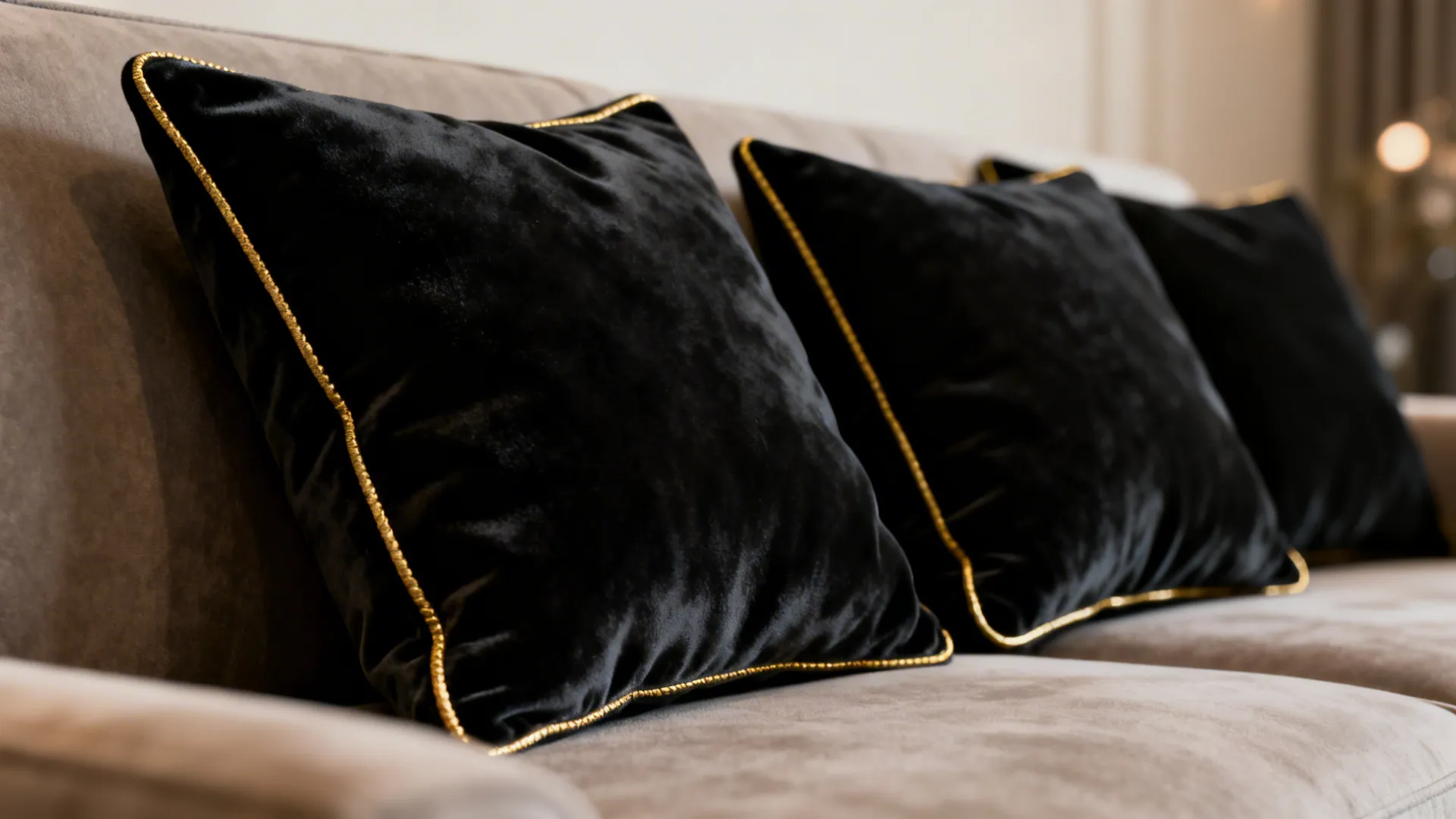 Close-up of black velvet cushions with gold piping showing fabric texture