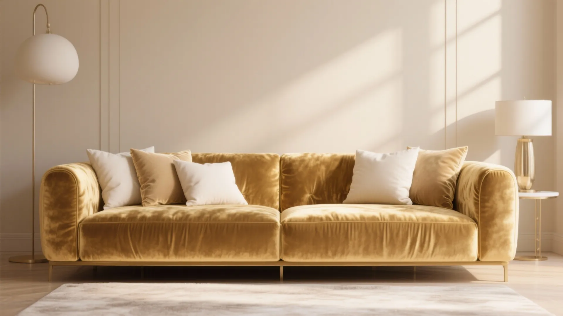 Modern yellow velvet sofa with white pillows in a bright room with two floor lamps