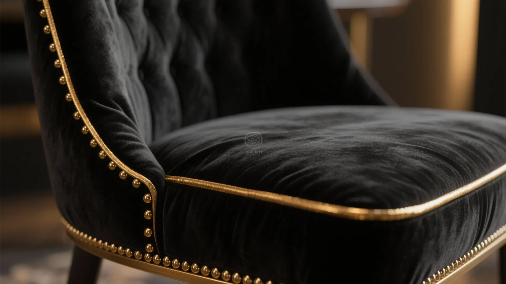 Close up view of a black velvet sofa with gold metal trim and decorative nailhead details