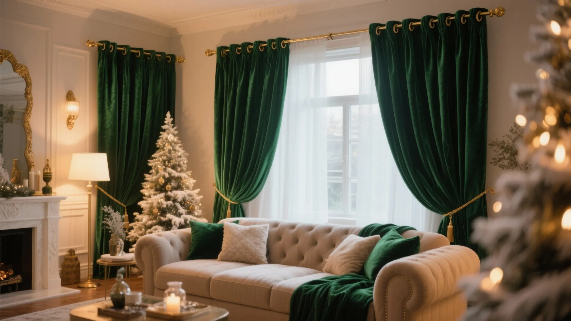 Elegant living room with green velvet curtains, white sofa, Christmas tree, fireplace, and warm lighting