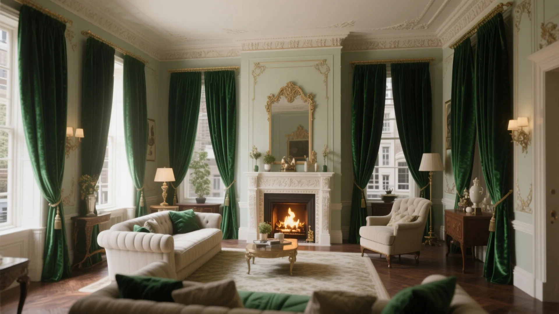 Emerald velvet curtains in elegant period living room