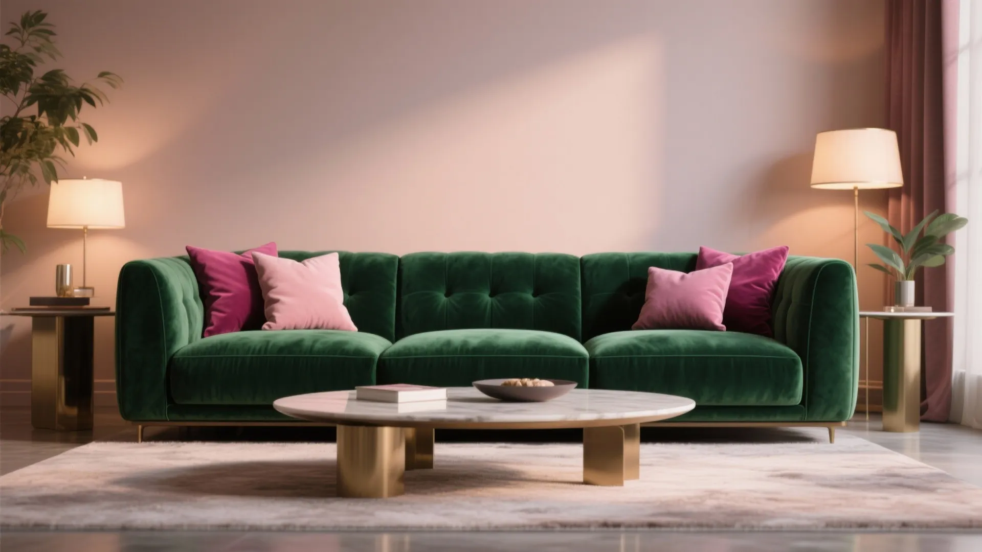 5. Velvet Green Sofa with Pink Cushions