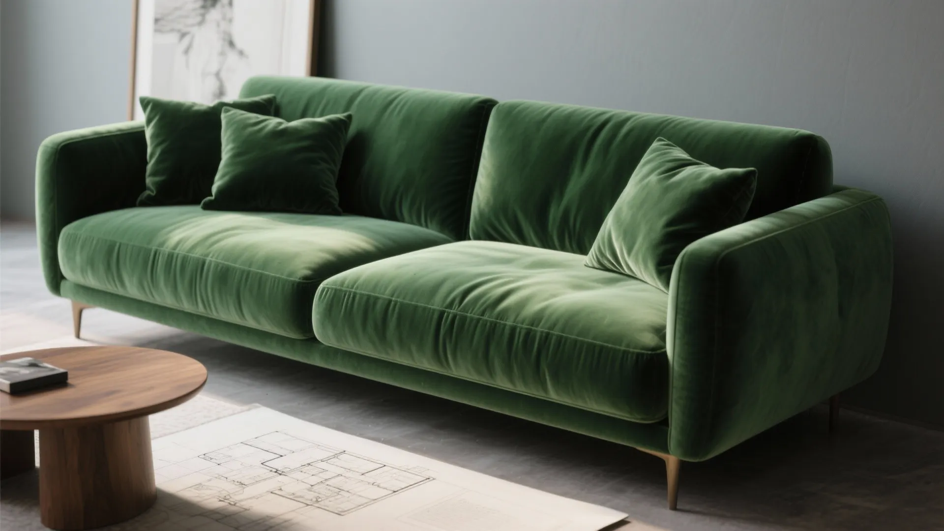 3. Velvet Green Sofa Against Muted Grey Backdrop
