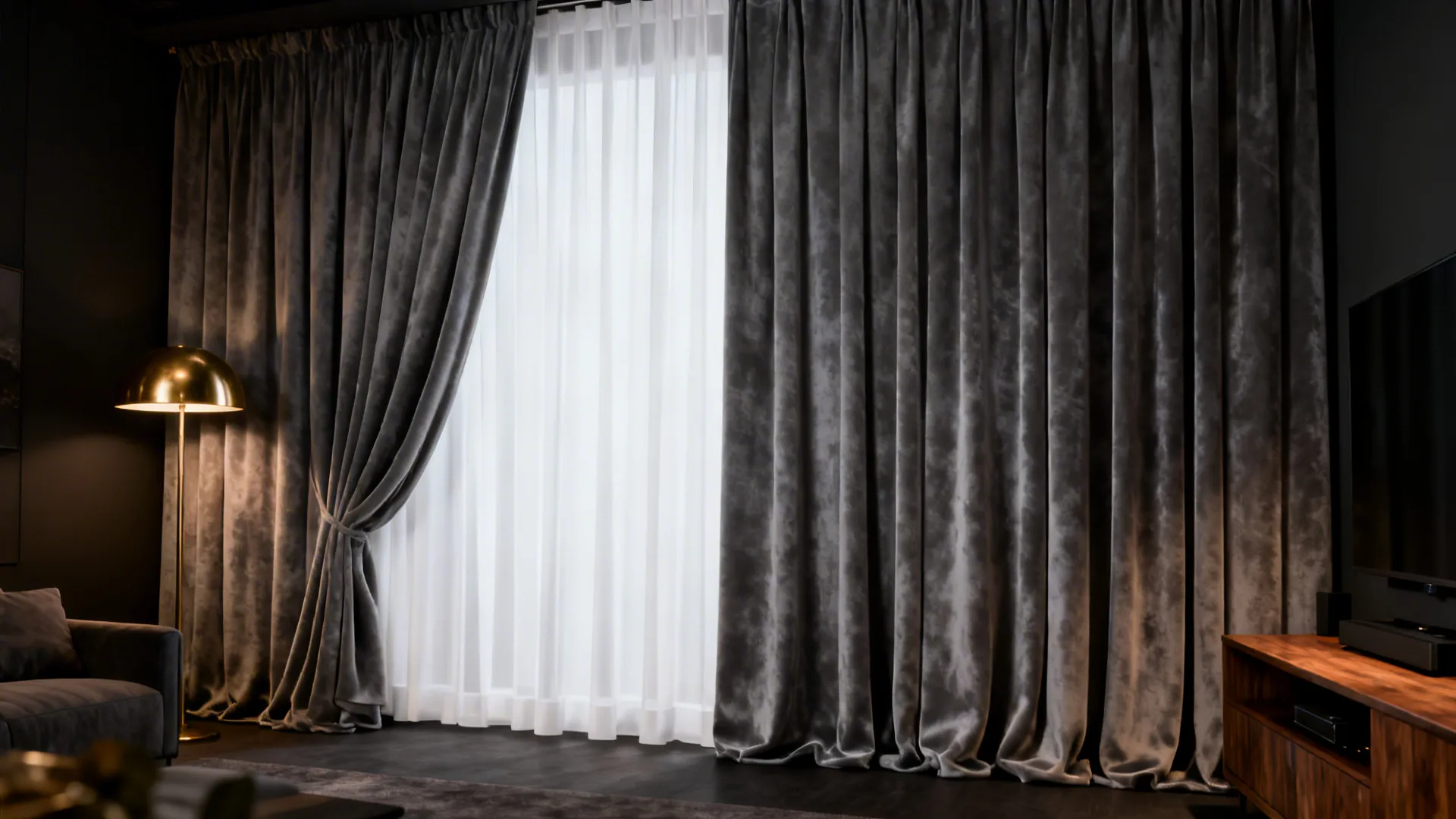 Grey velvet curtains and white sheer curtains in a modern living room with gold floor lamp