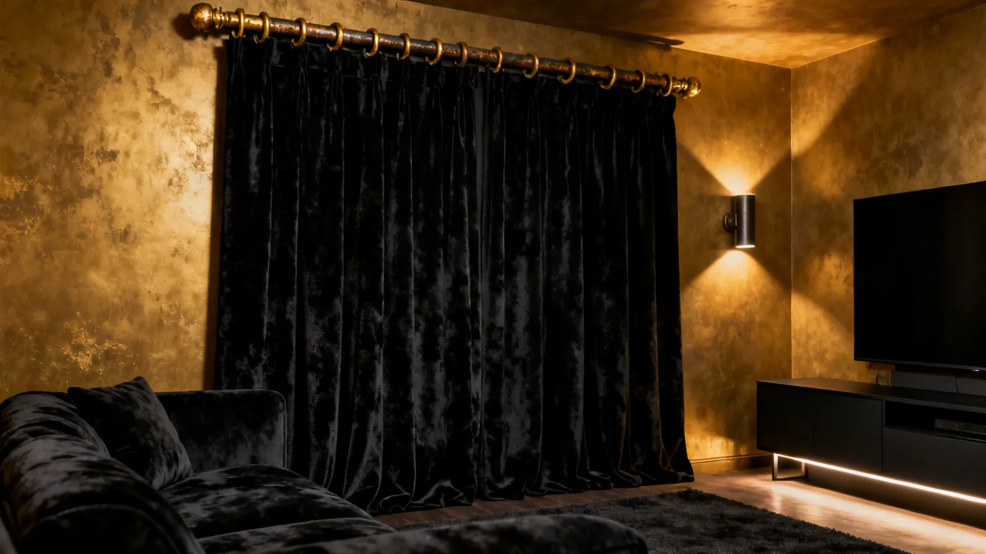 Elegant home theater room featuring black velvet curtains golden walls sofa and a wall light