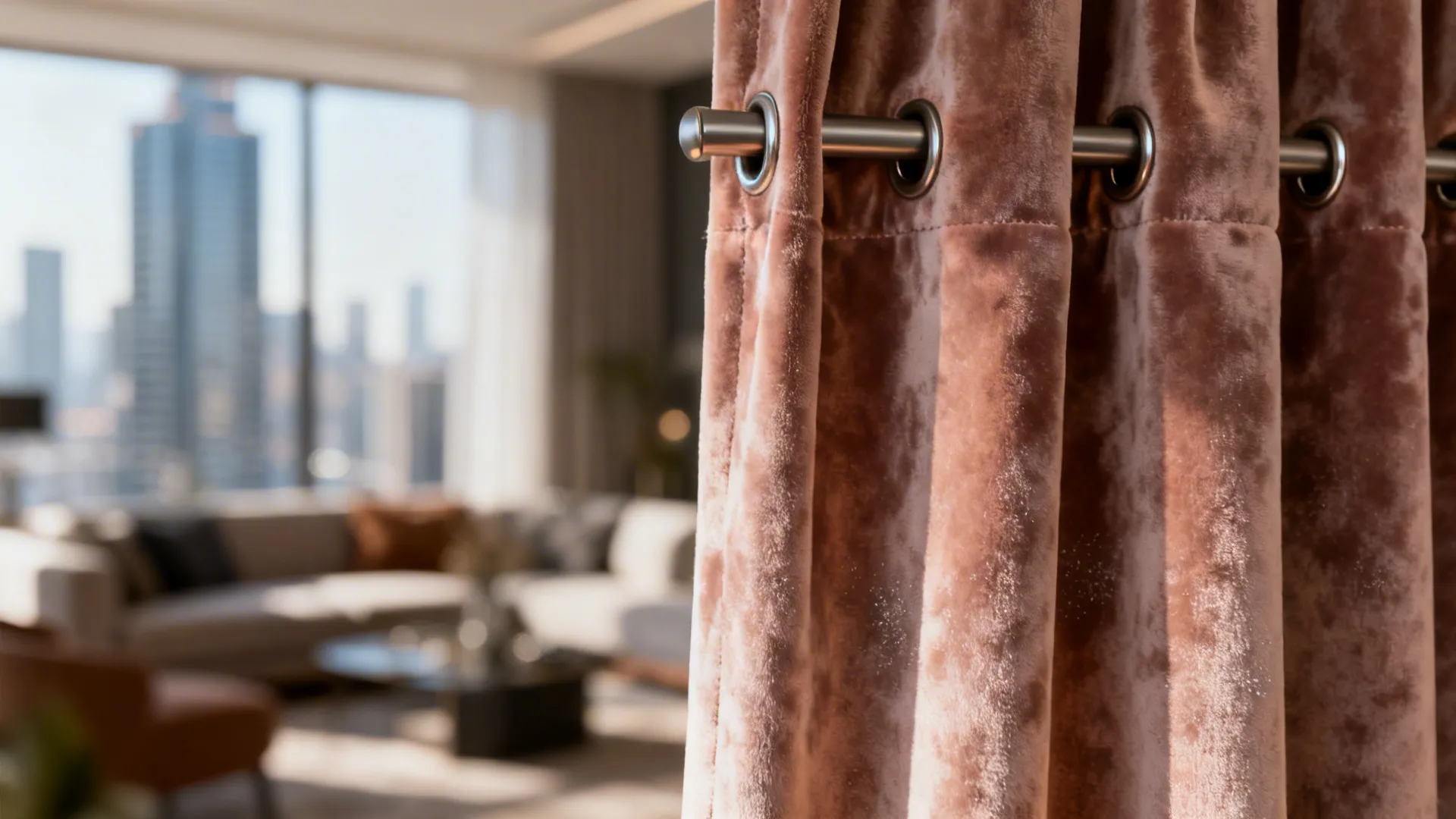 Close-up of soft velvet curtain with slim matte metal grommets and rich drape