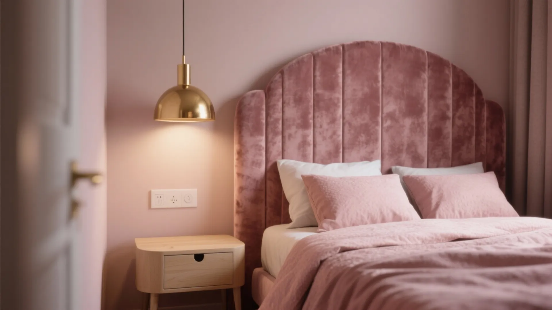 Pink bedroom with a soft velvet headboard wooden bedside table and a gold ceiling light