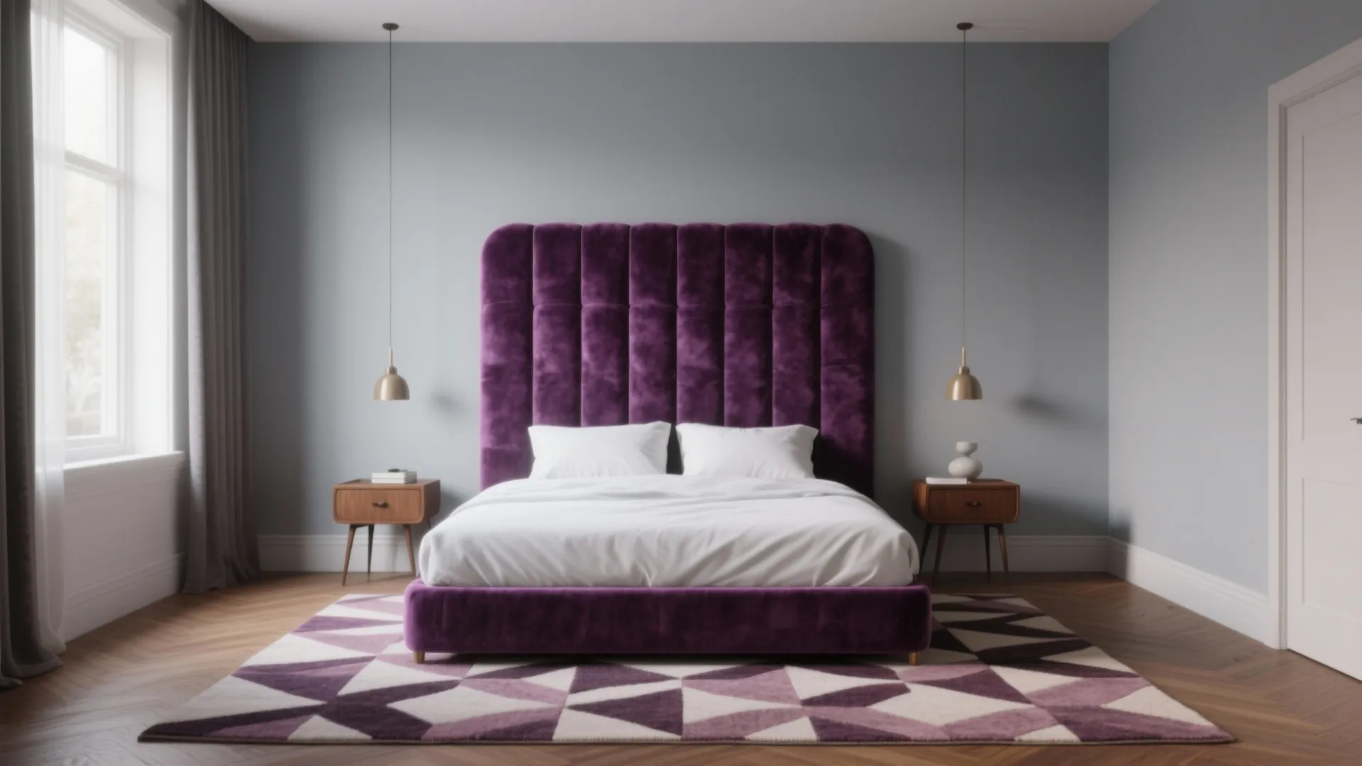 Modern bedroom with purple velvet bed, white bedding, wooden nightstands, ceiling lights, and patterned rug