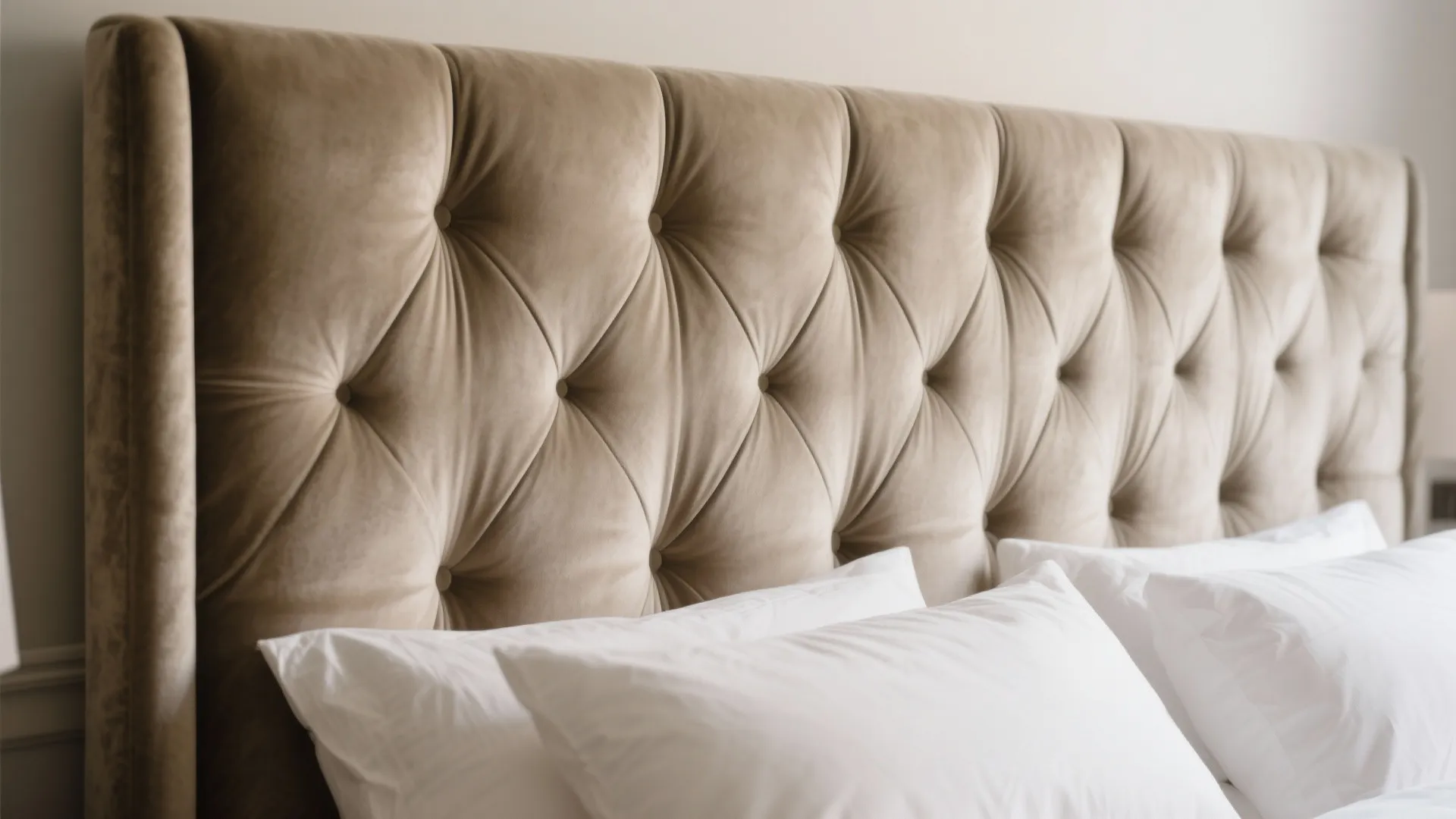 Close up of a beige soft fabric bed headboard with white pillows in a room