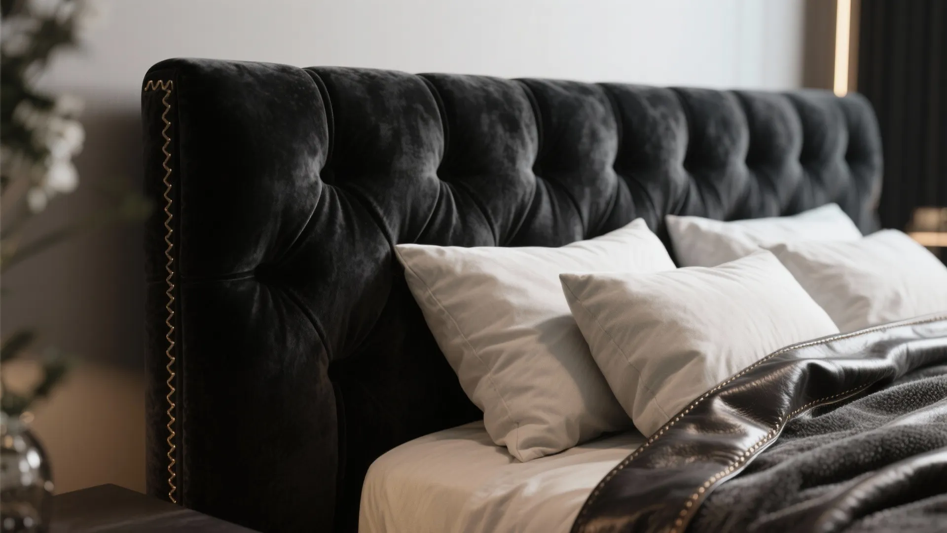 2. Black upholstered headboard + plush textures
