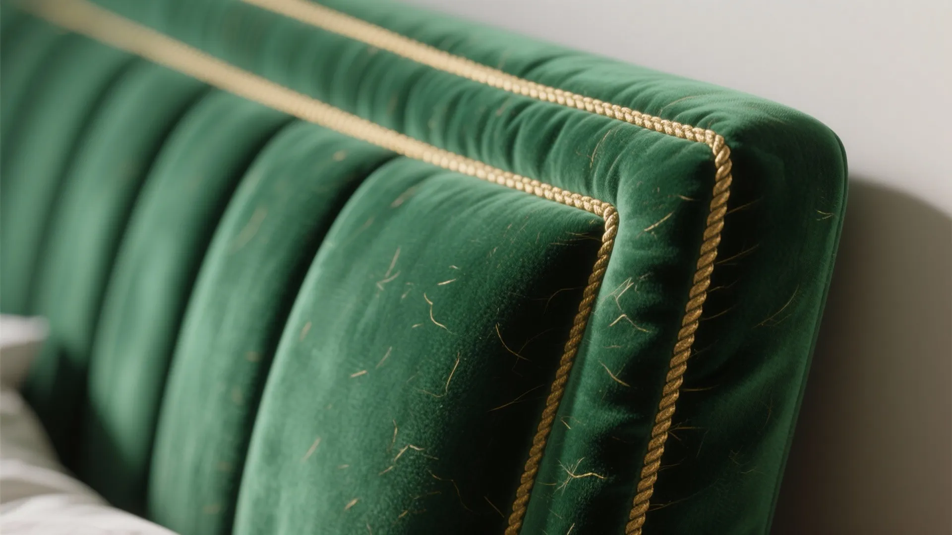 Close up of a dark green velvet headboard with gold rope trim detail on top