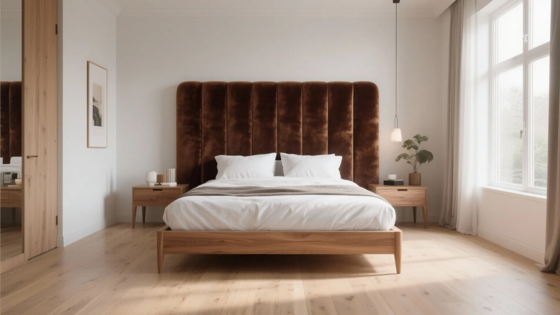 Bedroom with pale oak floors and a bold velvet headboard