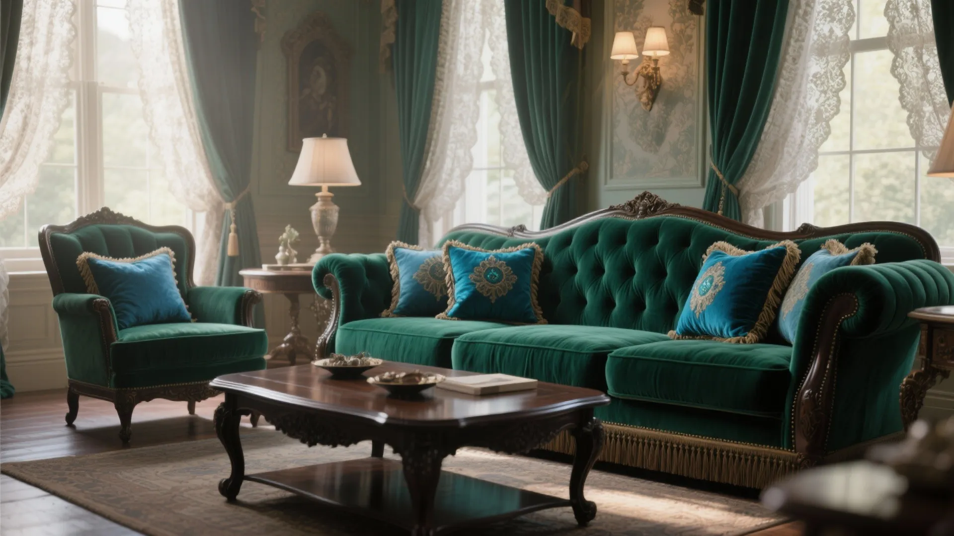 Elegant living room featuring green velvet sofa with blue pillows and classic dark wood coffee table