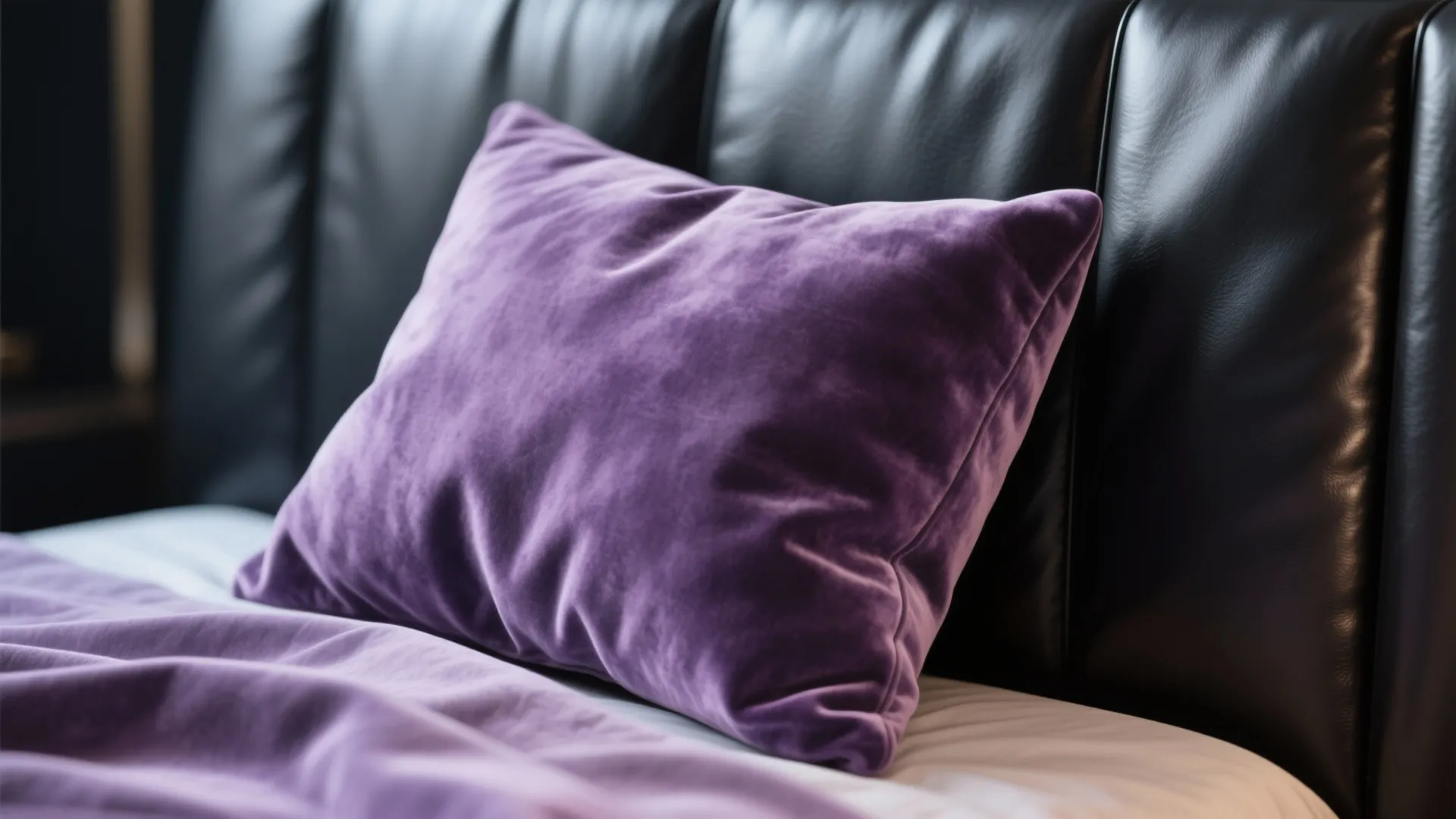 Tip 9: Play with Textures — Velvet Lavender Cushions & Leather Black Headboards