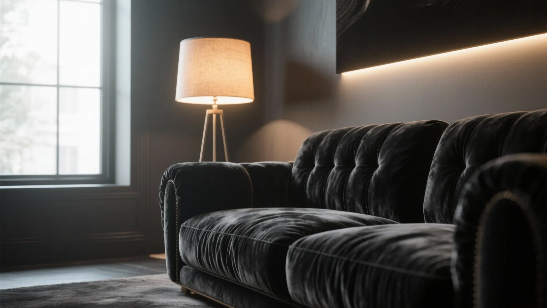 Close-up of black velvet sofa showing pile and layered lighting effects