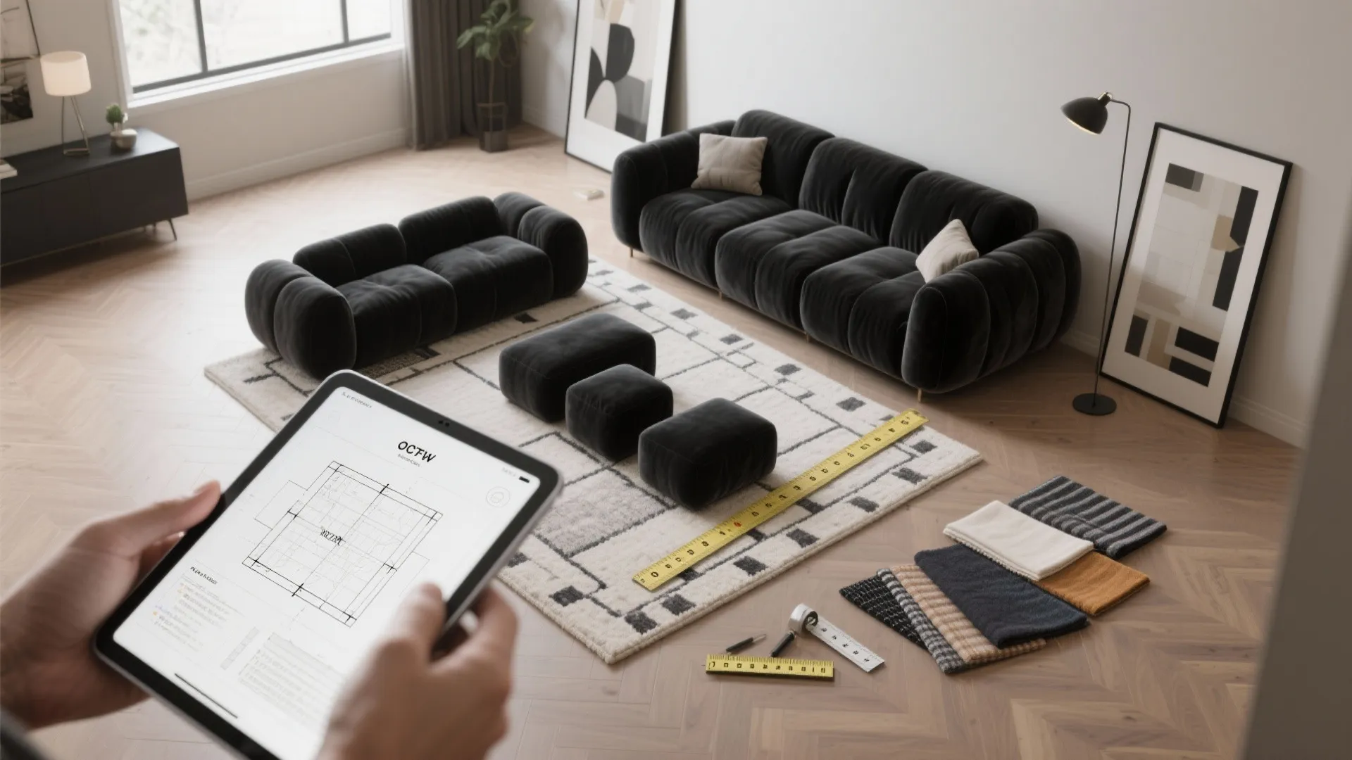 Top-down view of layout planning for a small room with a black velvet sofa and 3D floor planner