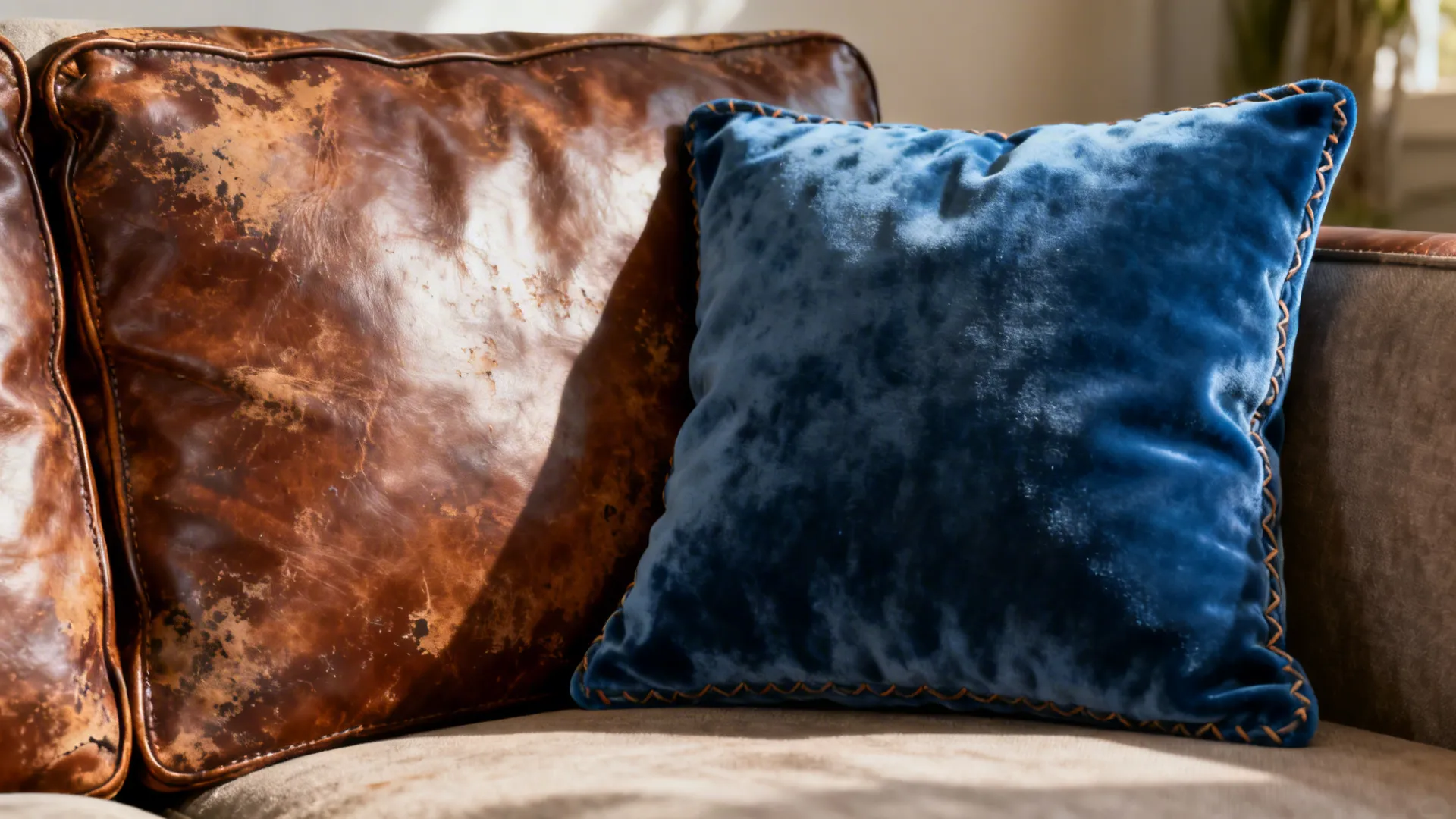 Velvet blue pillow next to a distressed leather brown cushion showing tactile contrast.
