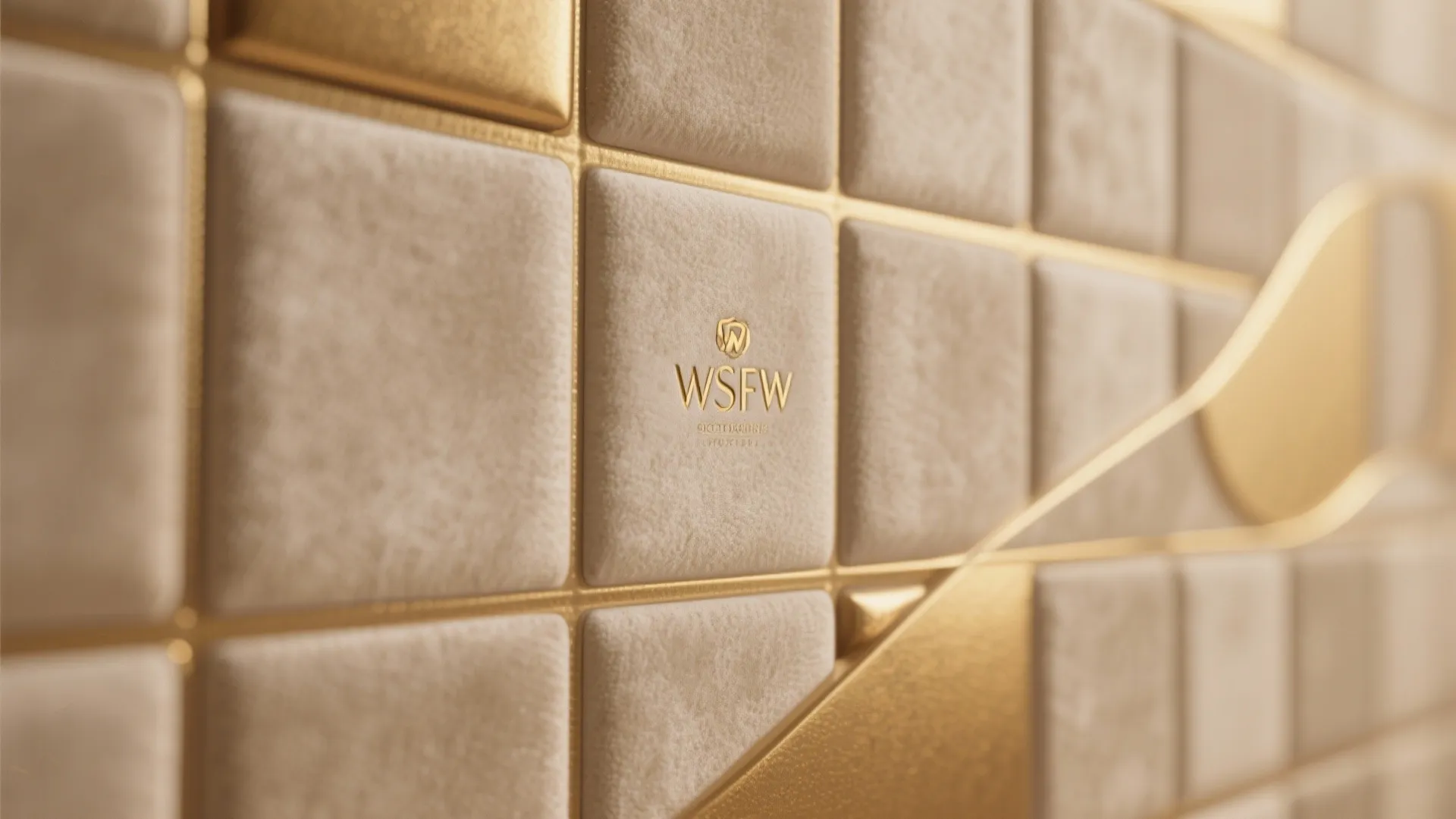 Close up of beige velvet wall panels with gold lines and logo in luxury room
