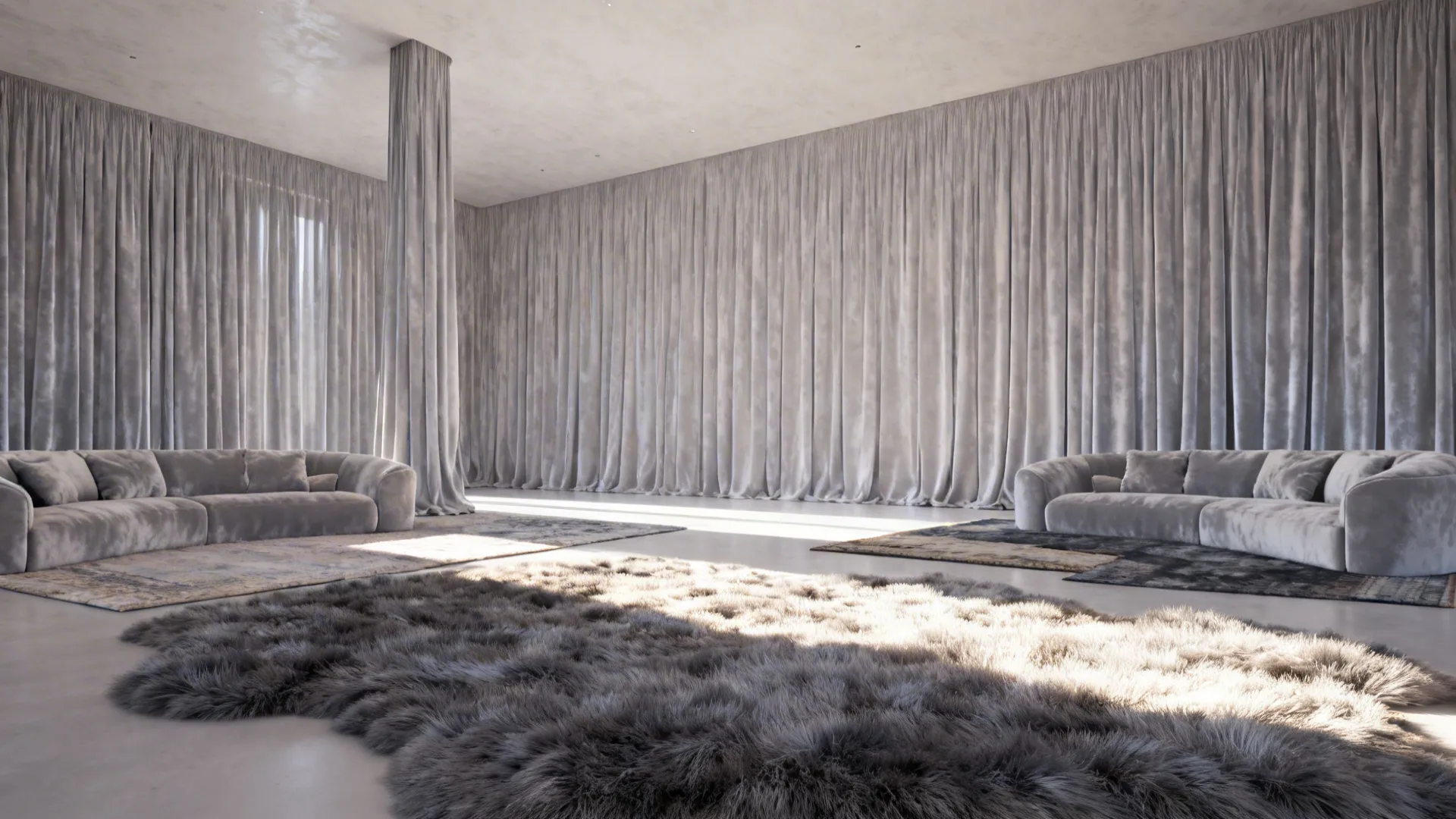 Spacious living room with pale light grey velvet curtains and plush seating