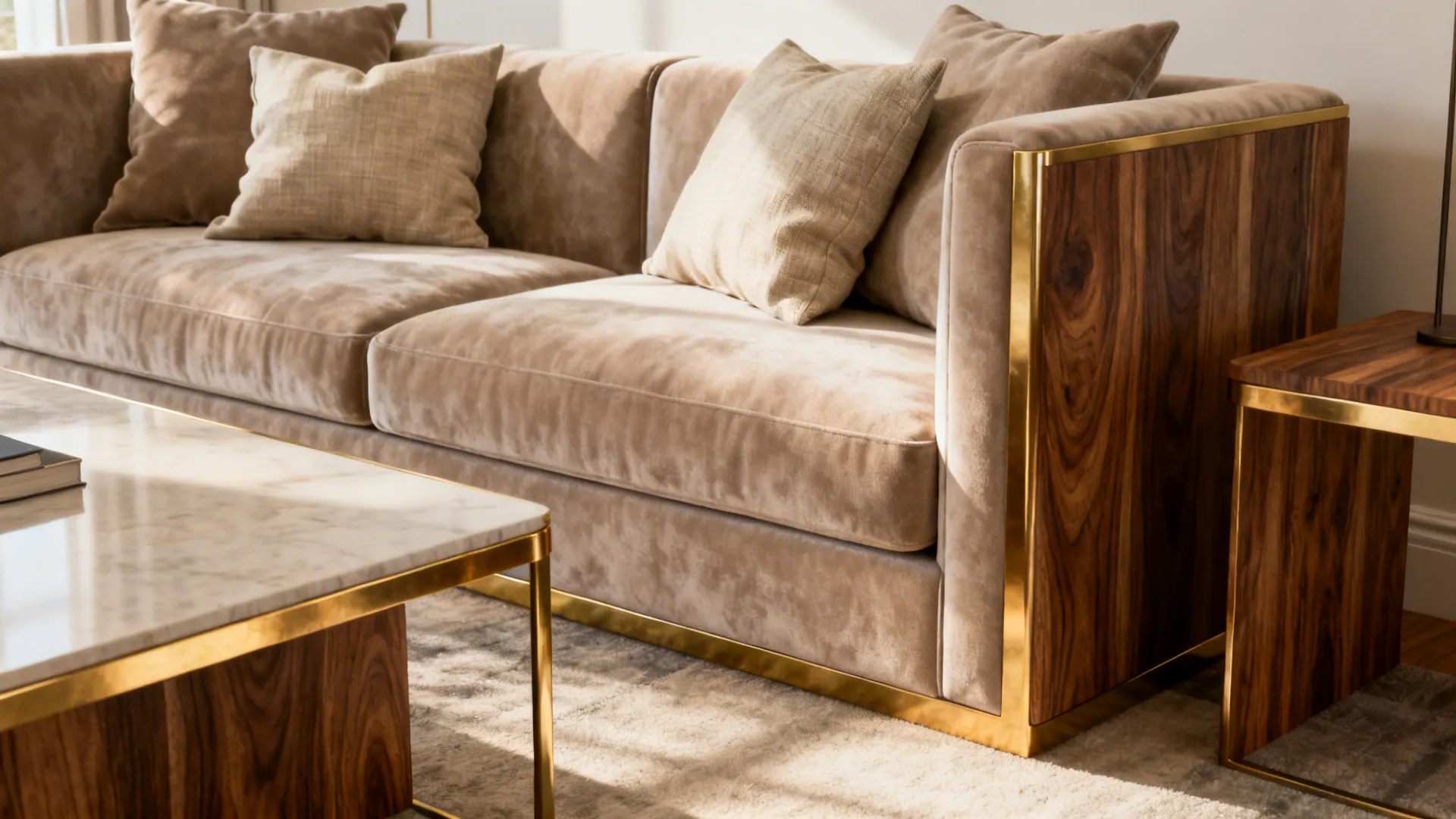 Beige velvet sofa with linen cushions and brass-trimmed furniture in a cozy living room.