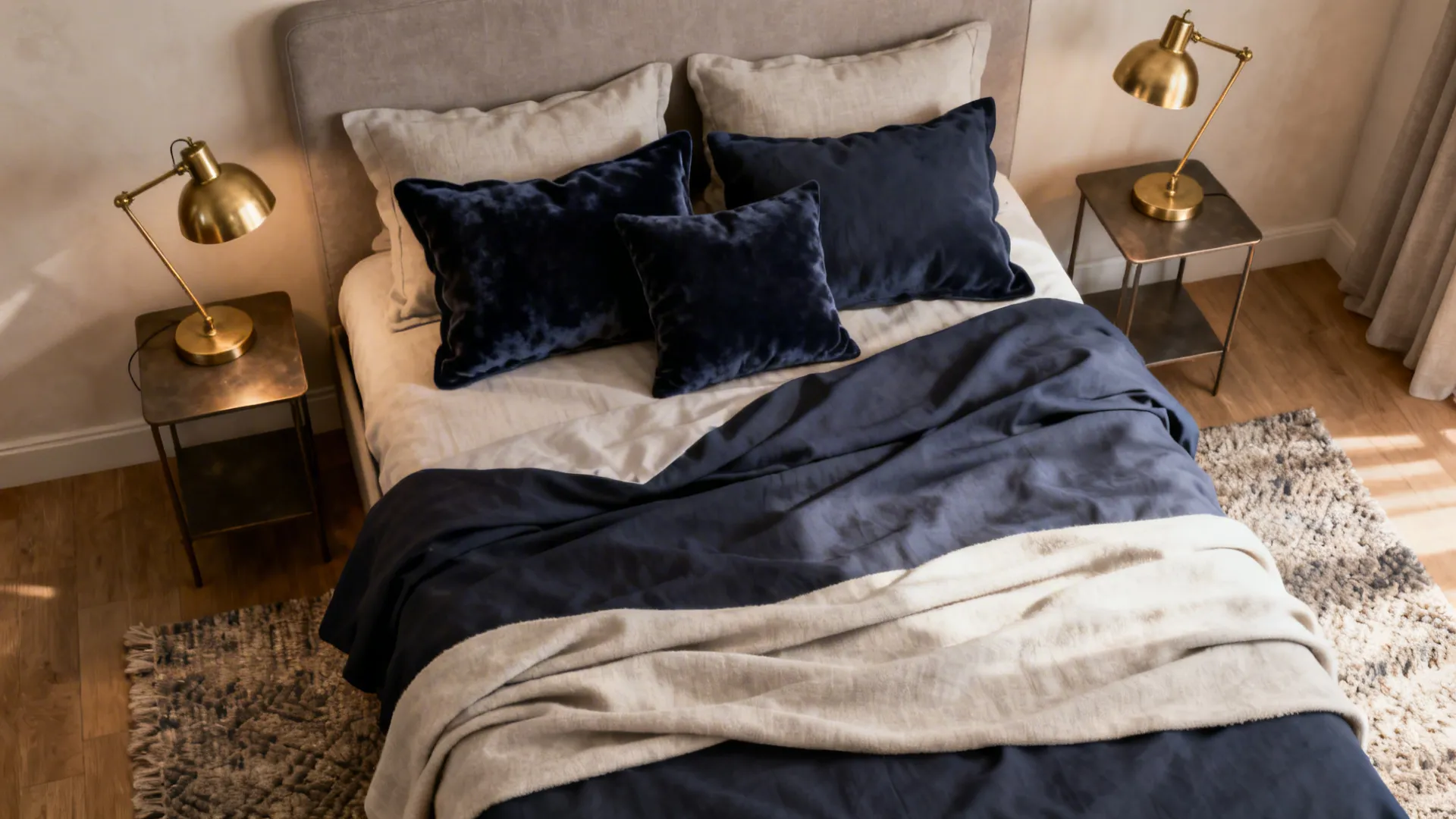 Bed with navy velvet cushions, navy linen duvet and brass bedside lamps showing layered textures.