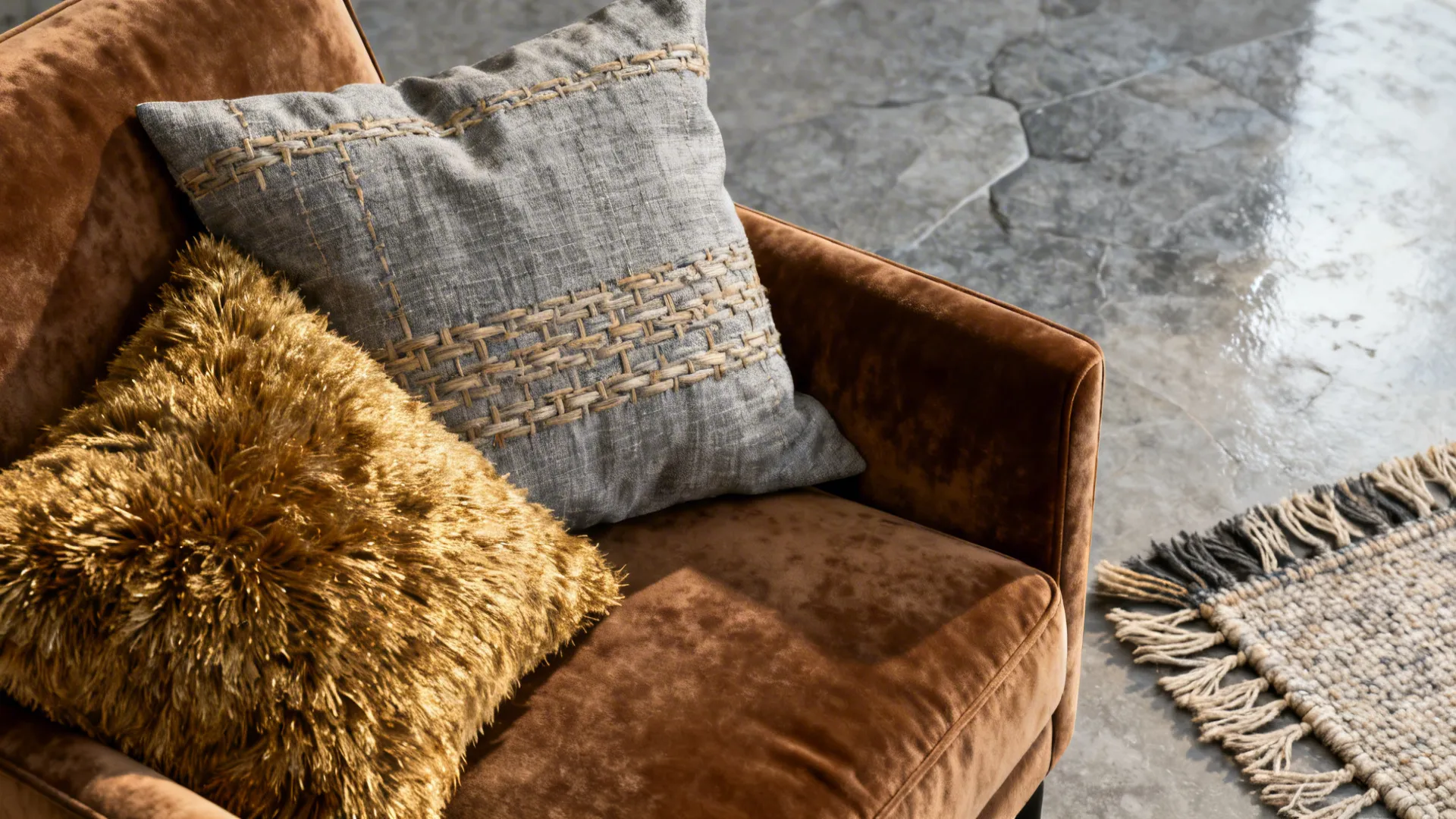 2. Layered fabrics: brown velvet meets stone-grey linen