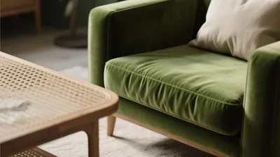 Green Velvet Sofa with Rattan Coffee Table – Cozy & Textured Living Space