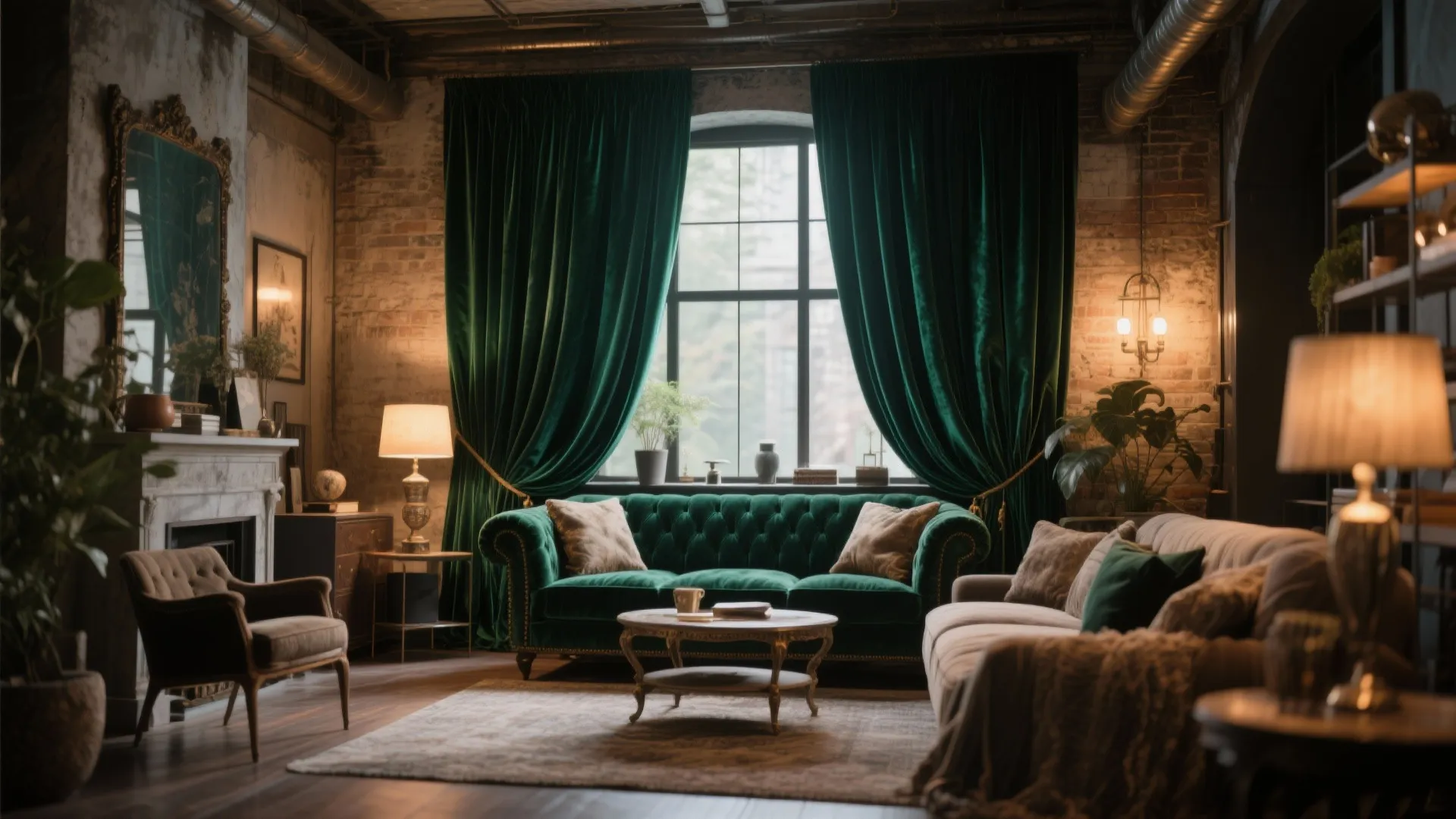 Dark industrial style living room featuring emerald green velvet curtain and matching green tufted sofa