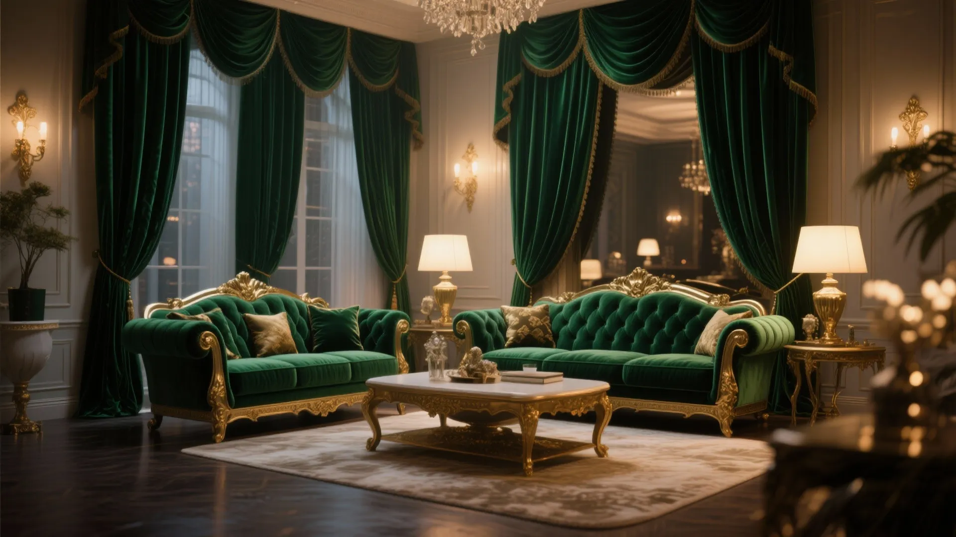 Luxury room with green velvet sofas, dark green curtains, gold coffee table and ceiling light