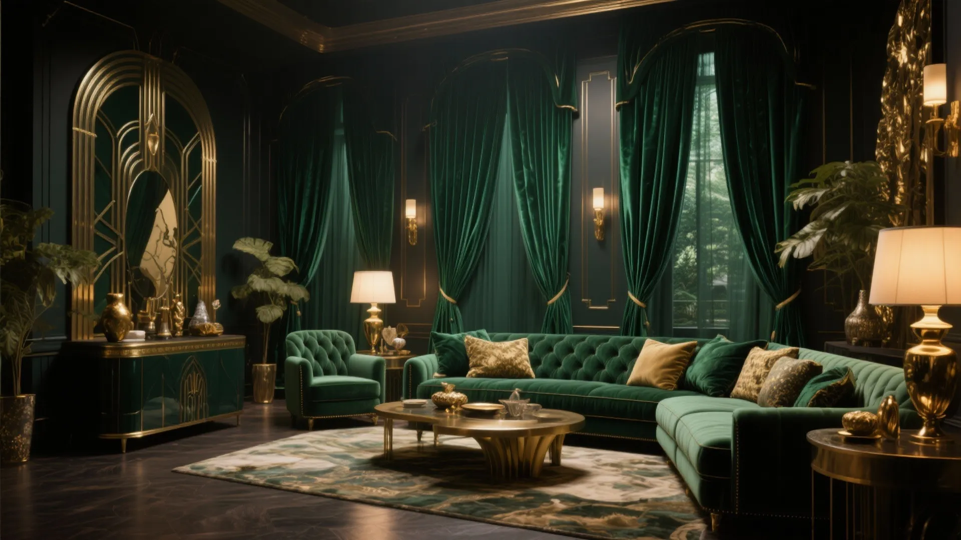 Luxury living room with green velvet curtain green sofa gold coffee table and wall light