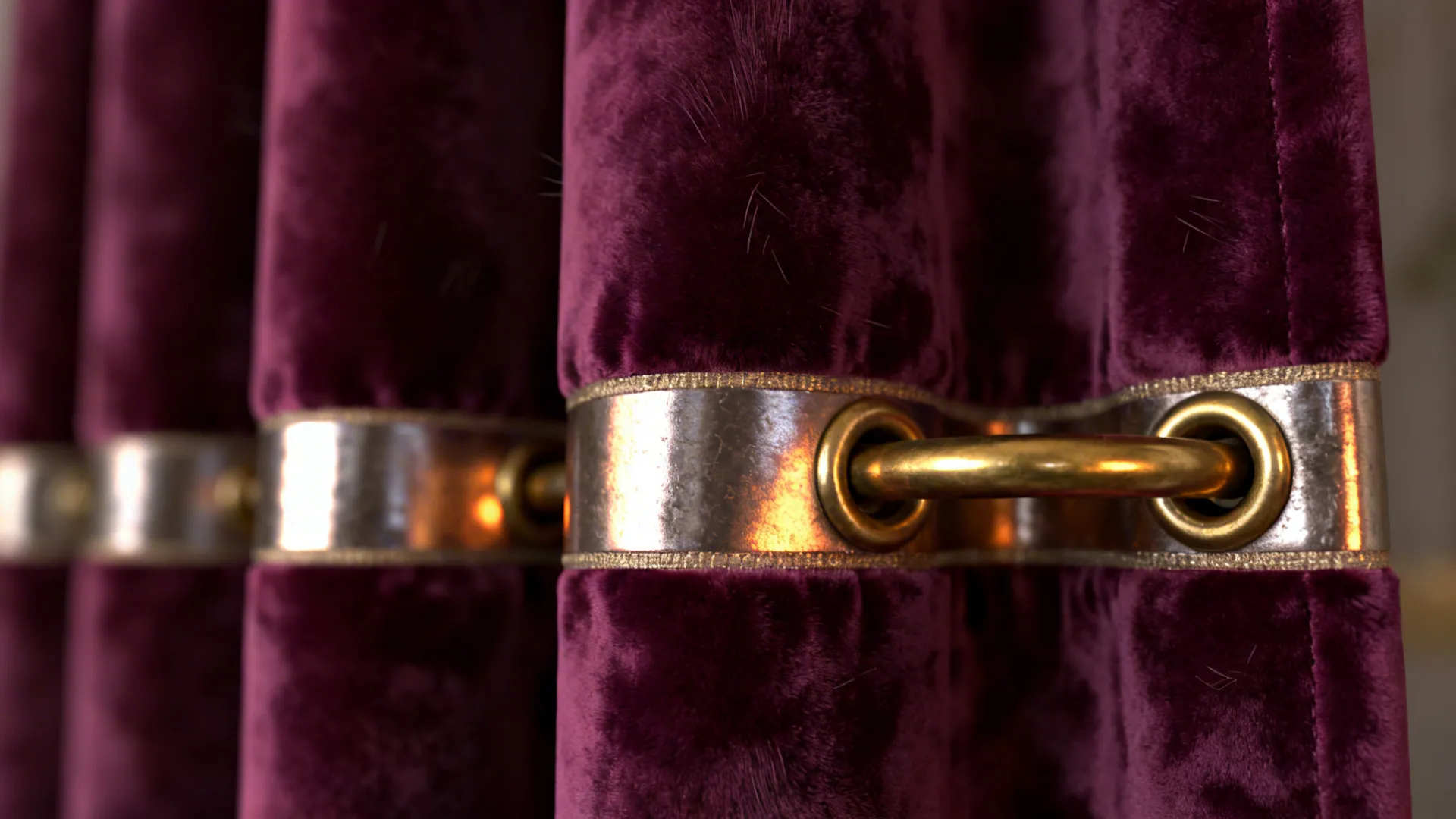 Close up of purple velvet curtain with gold metal rings showing soft fabric and detailed texture