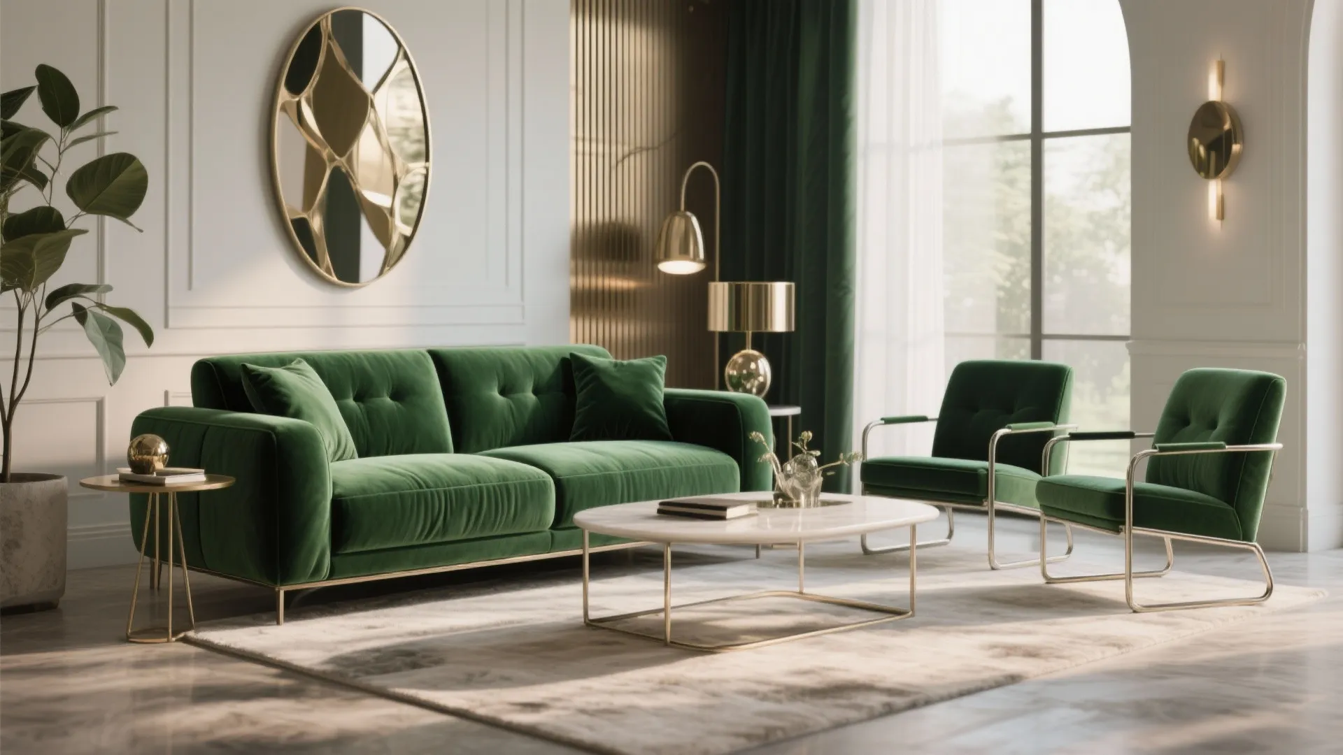 Elegant living room with green velvet sofa gold wall light round mirror and marble table