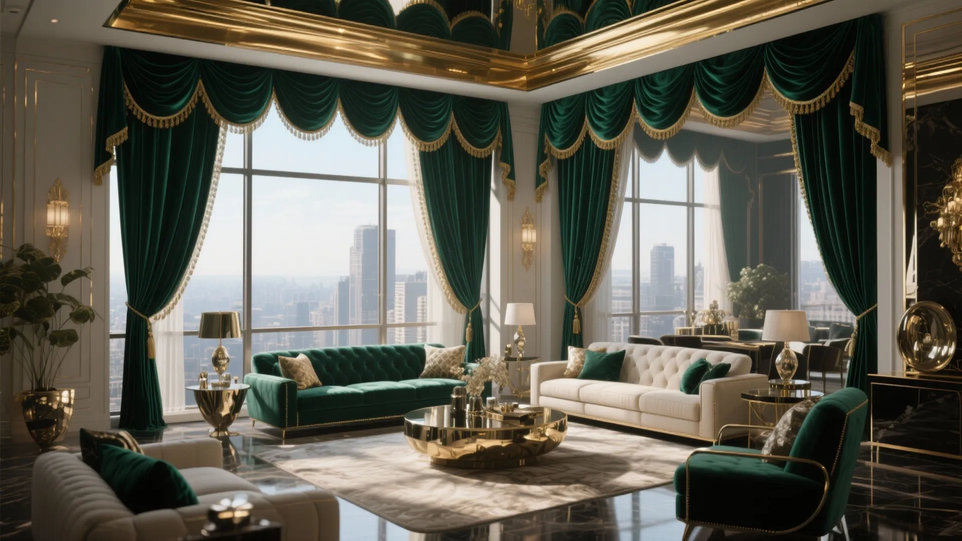 Penthouse living room with emerald velvet valance and gold trim